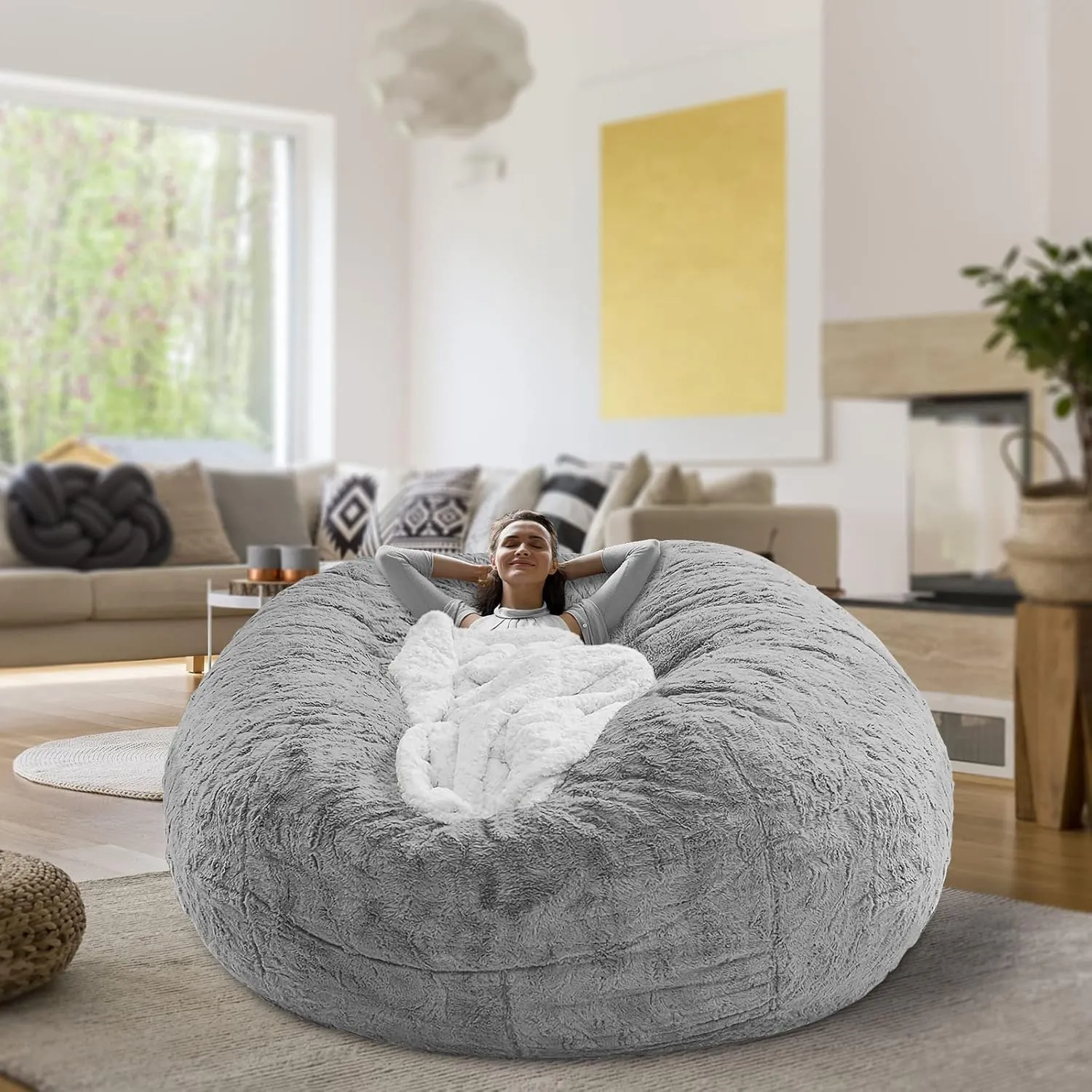 RAINBEAN Bean Bag Cover - Big Round Soft Fluffy PV Velvet Sofa Bed Cover for Living Room, Lazy Sofa - 5ft Snow Gray