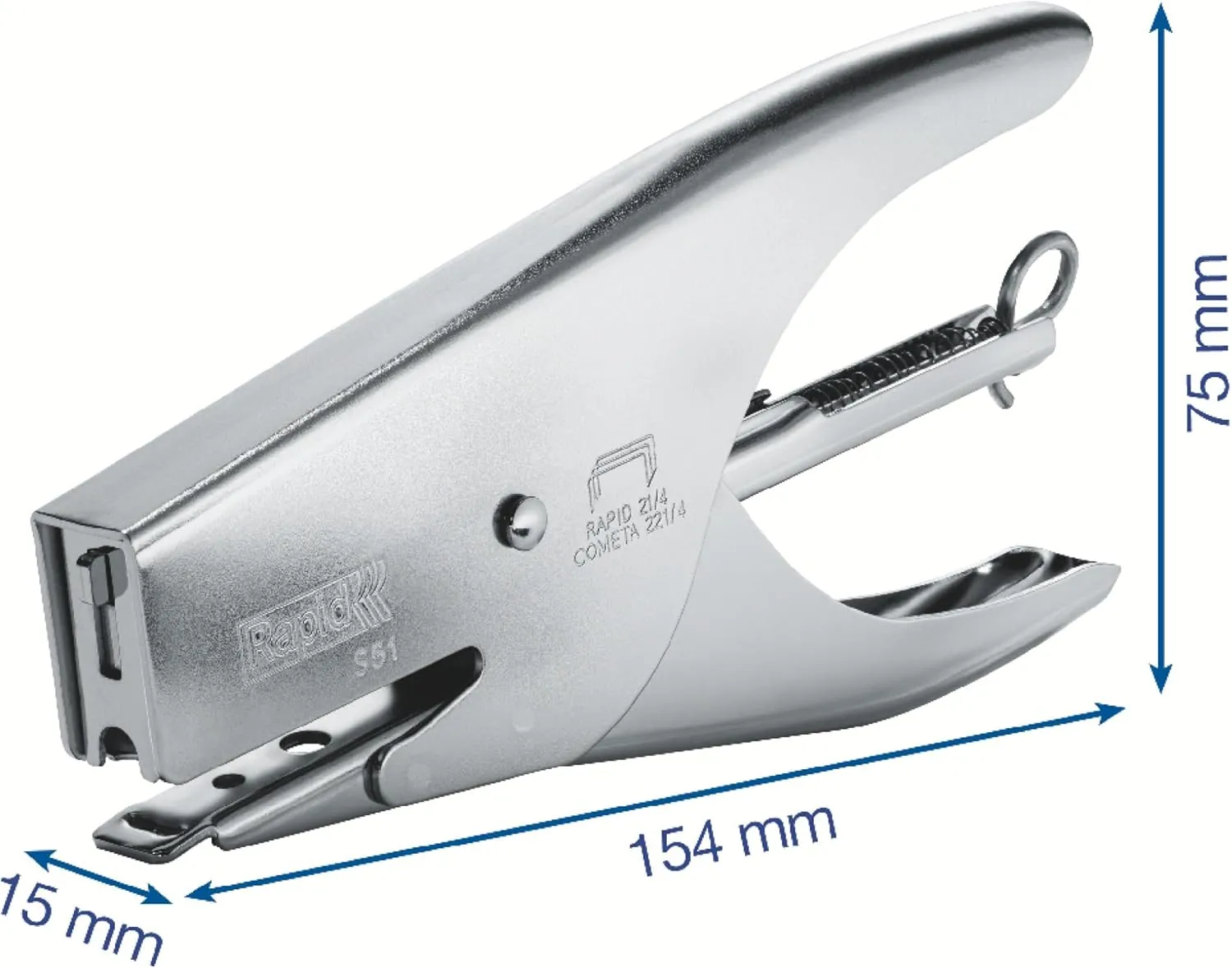 Rapid Supreme S51 Stapling Pliers, 15 Sheet Capacity, Uses No. 21 Staples, Ergonomic Design, Metal, Chrome, 10538702