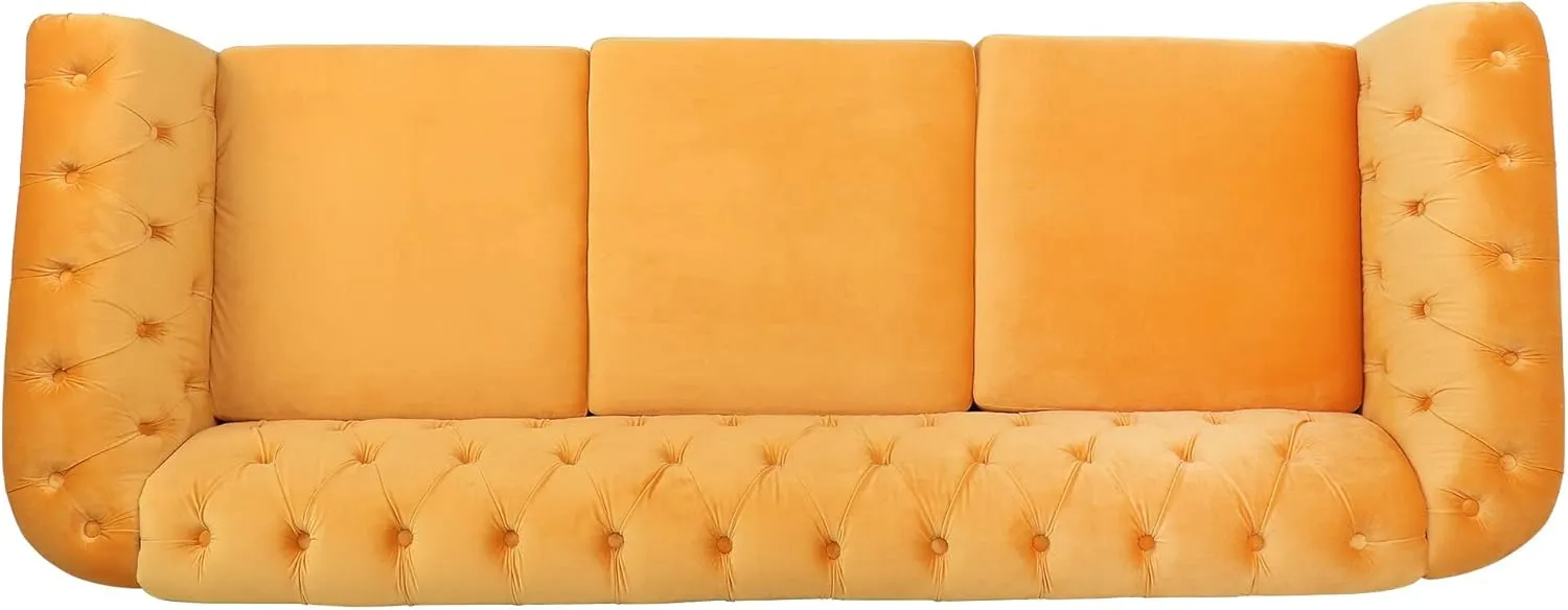RARZOE Chesterfield Classic Sofa, Mordern 3 Seater Velvet Sofa Couch, Tufted Back Chesterfield Settee Sofas with Nailhead Trim Scroll Arms for Living Room Apartment(Mango)
