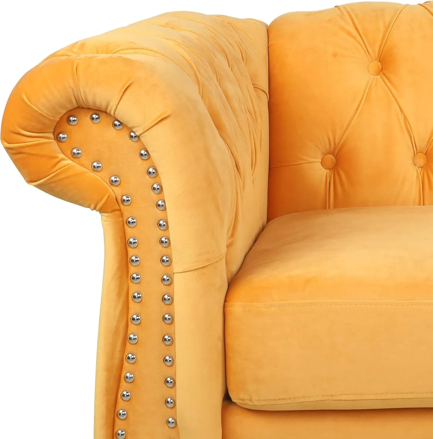 RARZOE Chesterfield Classic Sofa, Mordern 3 Seater Velvet Sofa Couch, Tufted Back Chesterfield Settee Sofas with Nailhead Trim Scroll Arms for Living Room Apartment(Mango)