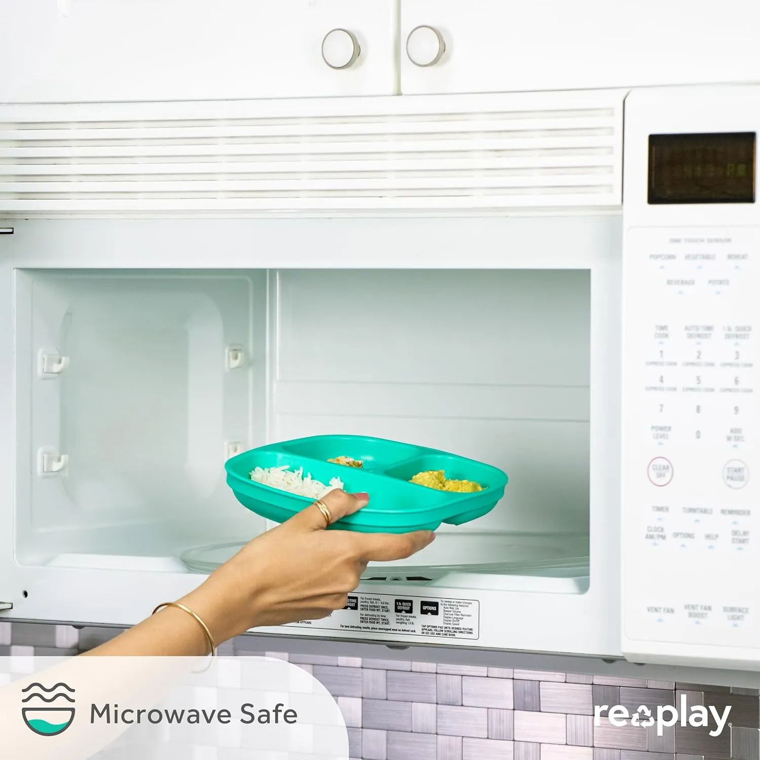 Re-Play Toddler Plates with Dividers - Deep-Walled 3 Compartments Divided Plates for Kids with 3 Lids - Dishwasher & Microwave Safe - Made in USA - Set of 3-7.37" x 7.37" x 1.25" - Beach Baby