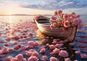 Real Roses The Road of Roses There are Many Milky Roses Floating on The sea There is a Small Fishing Boat Also Loaded Jigsaw Puzzles 1000 Pieces Games Toys Best Gift for Adults and Kids