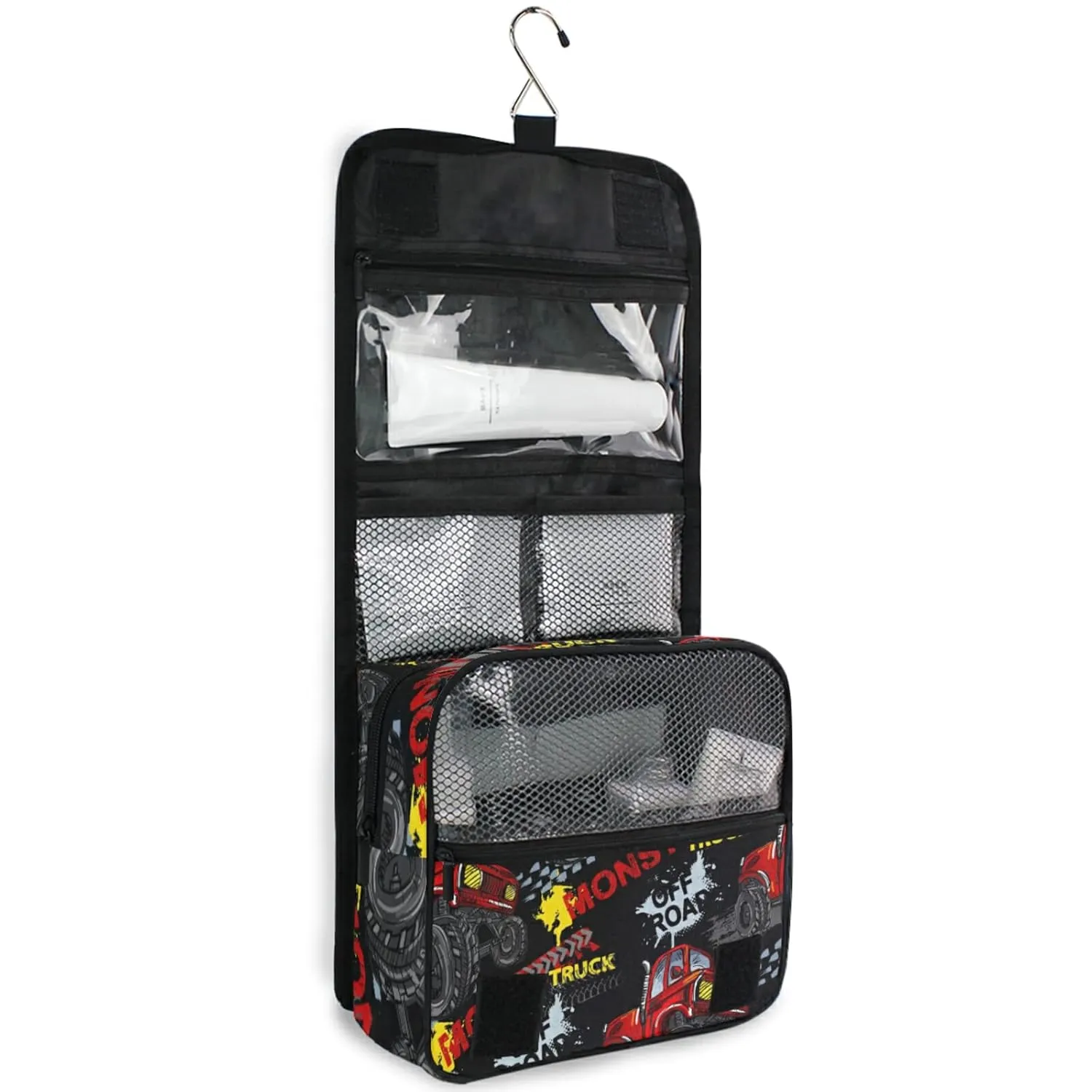 Red Truck Car, Trace of Tire, Drive and Speed on Black Travel Cosmetic Bag, Hanging Toiletry Wash bag, Portable Makeup Organizer Brush Case, Storage Bag with Hook for Bathroom Toilet