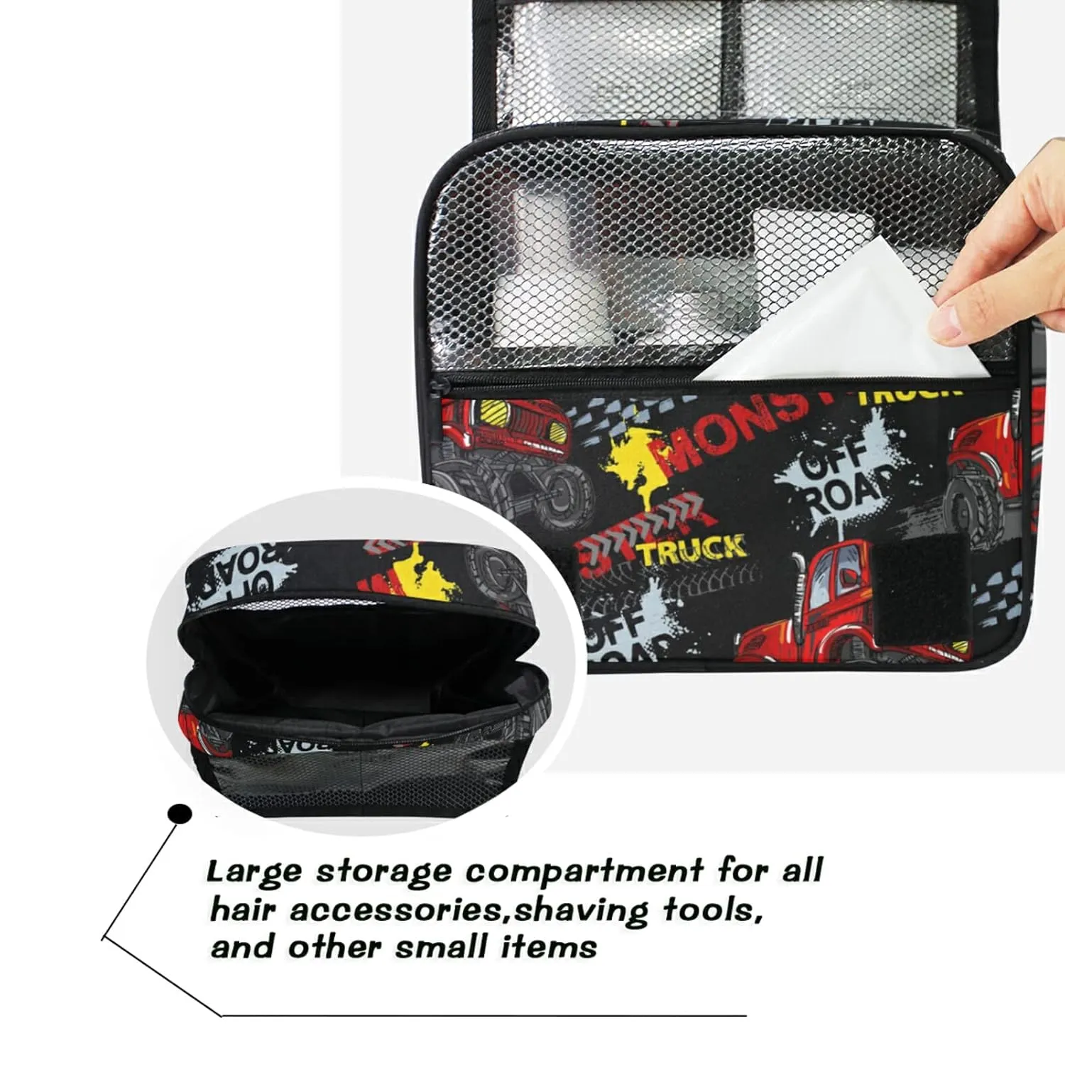 Red Truck Car, Trace of Tire, Drive and Speed on Black Travel Cosmetic Bag, Hanging Toiletry Wash bag, Portable Makeup Organizer Brush Case, Storage Bag with Hook for Bathroom Toilet