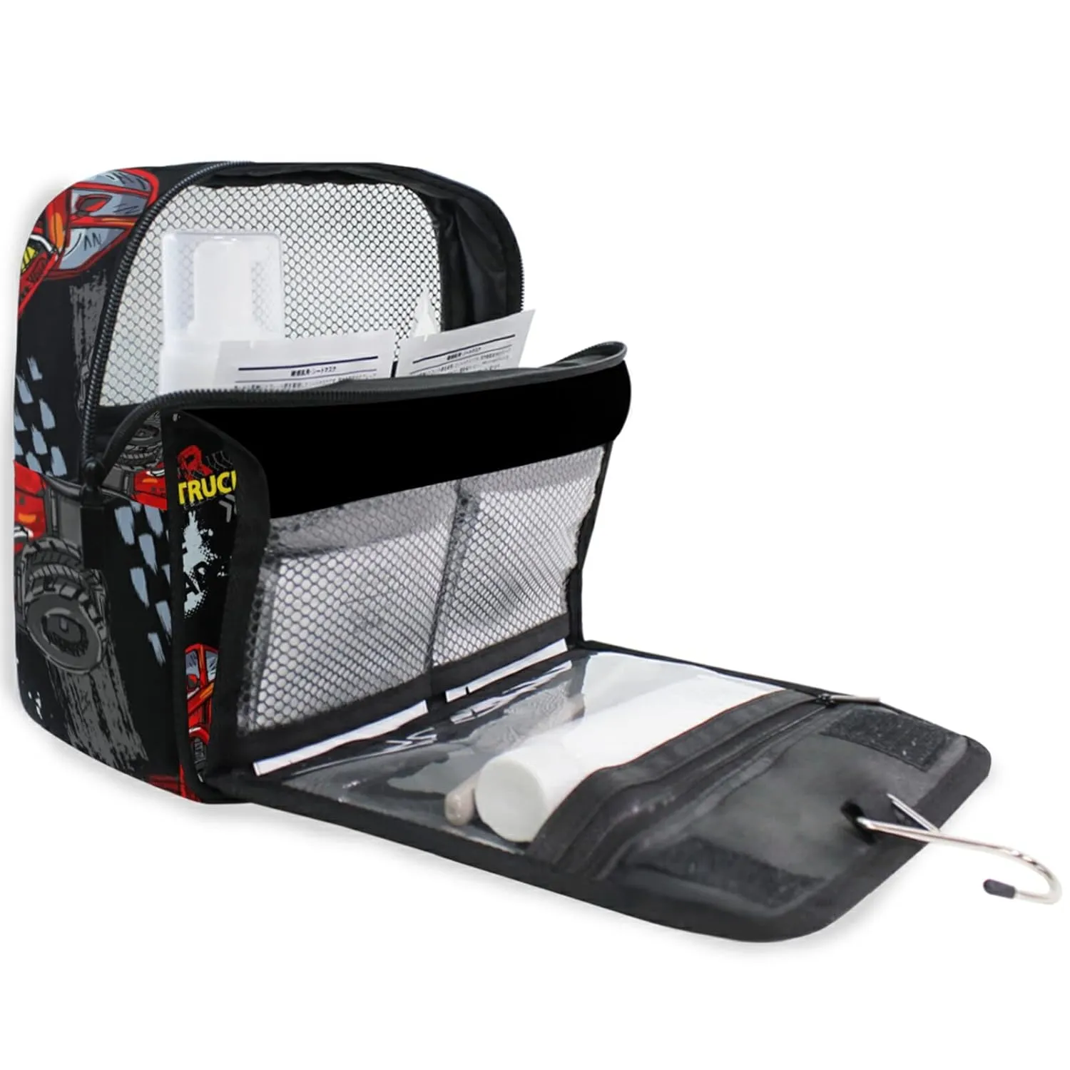 Red Truck Car, Trace of Tire, Drive and Speed on Black Travel Cosmetic Bag, Hanging Toiletry Wash bag, Portable Makeup Organizer Brush Case, Storage Bag with Hook for Bathroom Toilet