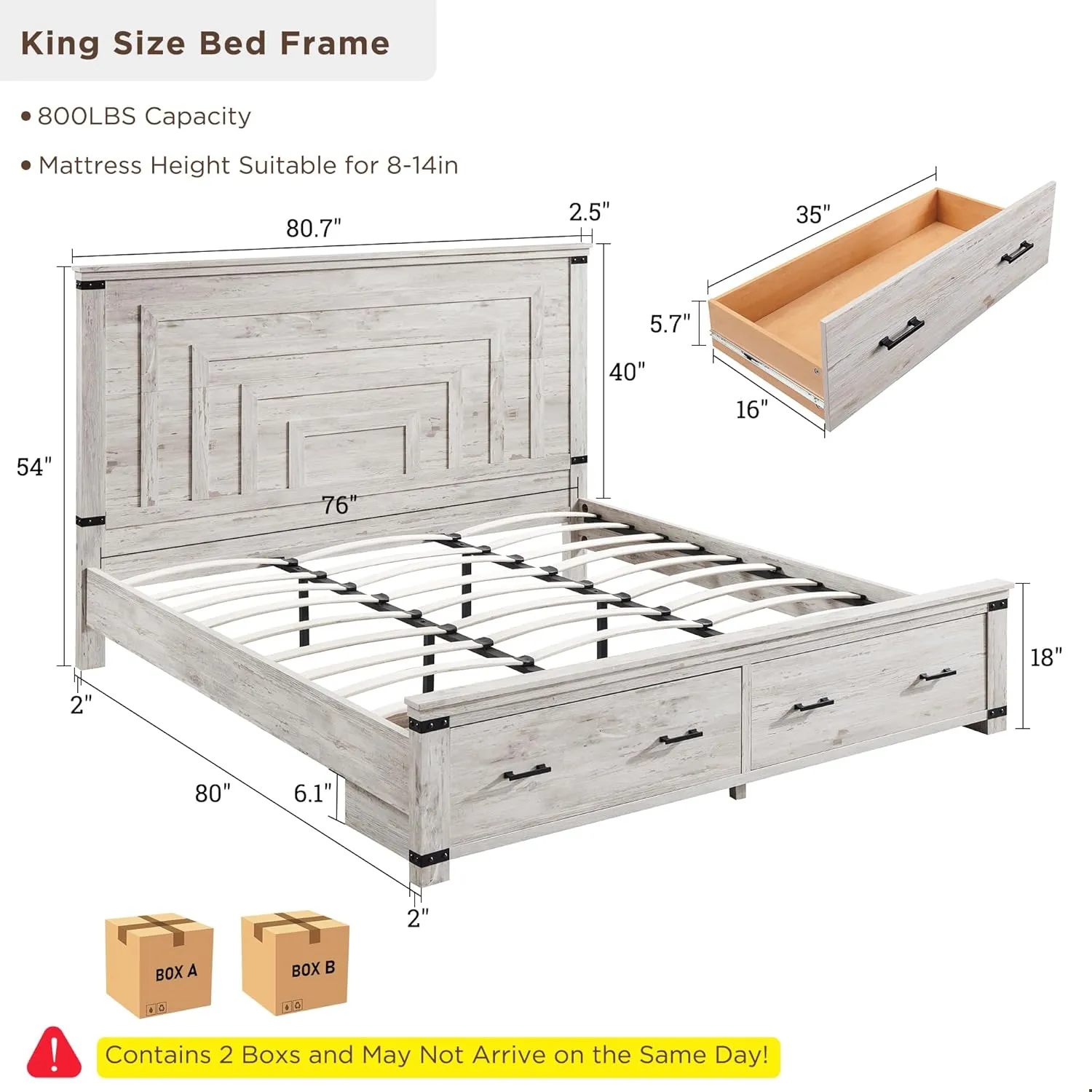RedLemon Farmhouse King Size Bed Frame w/ 54" Tall Geometric Headboard, Rustic Wood Platform Bed w/ 2 Large Storage Drawers, Wood Slats Support, Noise Free, No Box Spring Needed, Antique Brush White