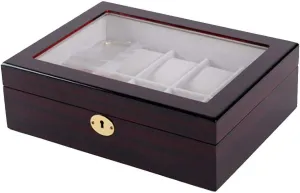 REDSHORE Handcrafted Wooden Watch Box Organizer, Ebony Grain Baking Paint Wood Jewelry Necklace Armoire Cabinet Gift Display Storage Case (10-bit)