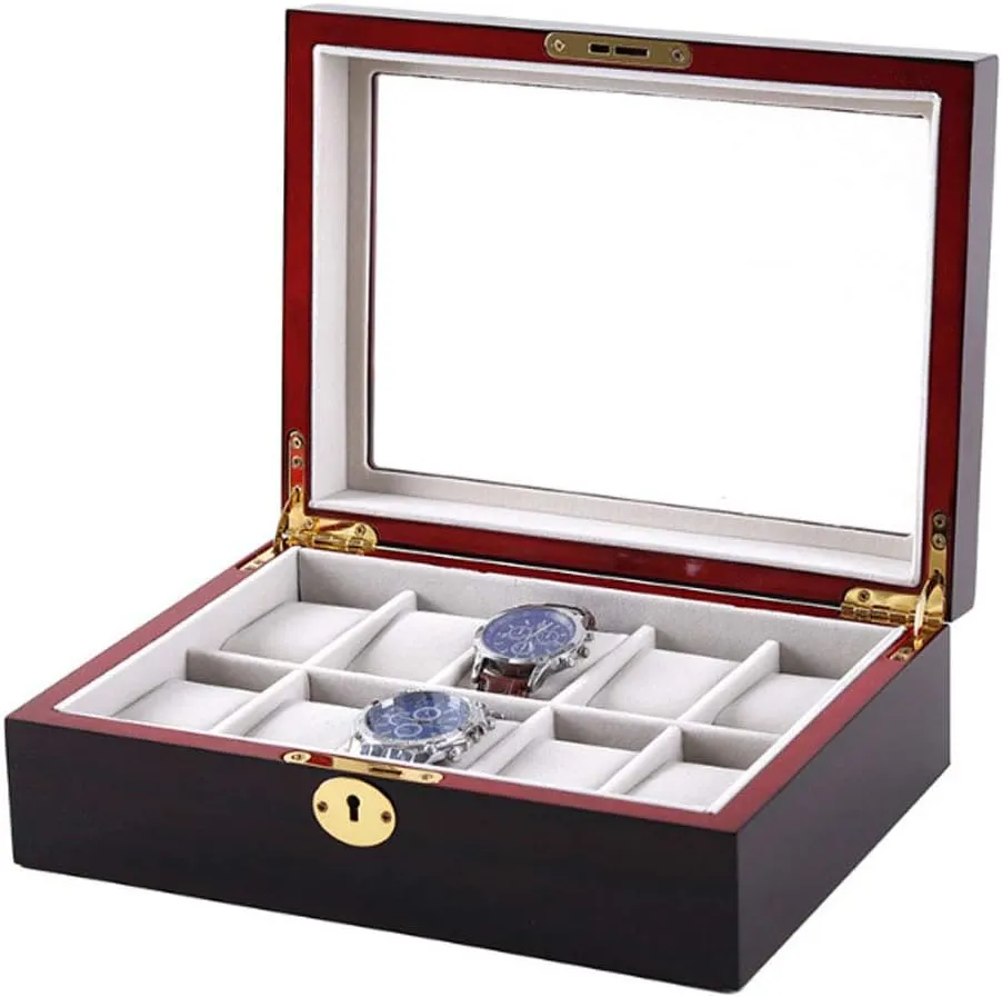 REDSHORE Handcrafted Wooden Watch Box Organizer, Ebony Grain Baking Paint Wood Jewelry Necklace Armoire Cabinet Gift Display Storage Case (10-bit)