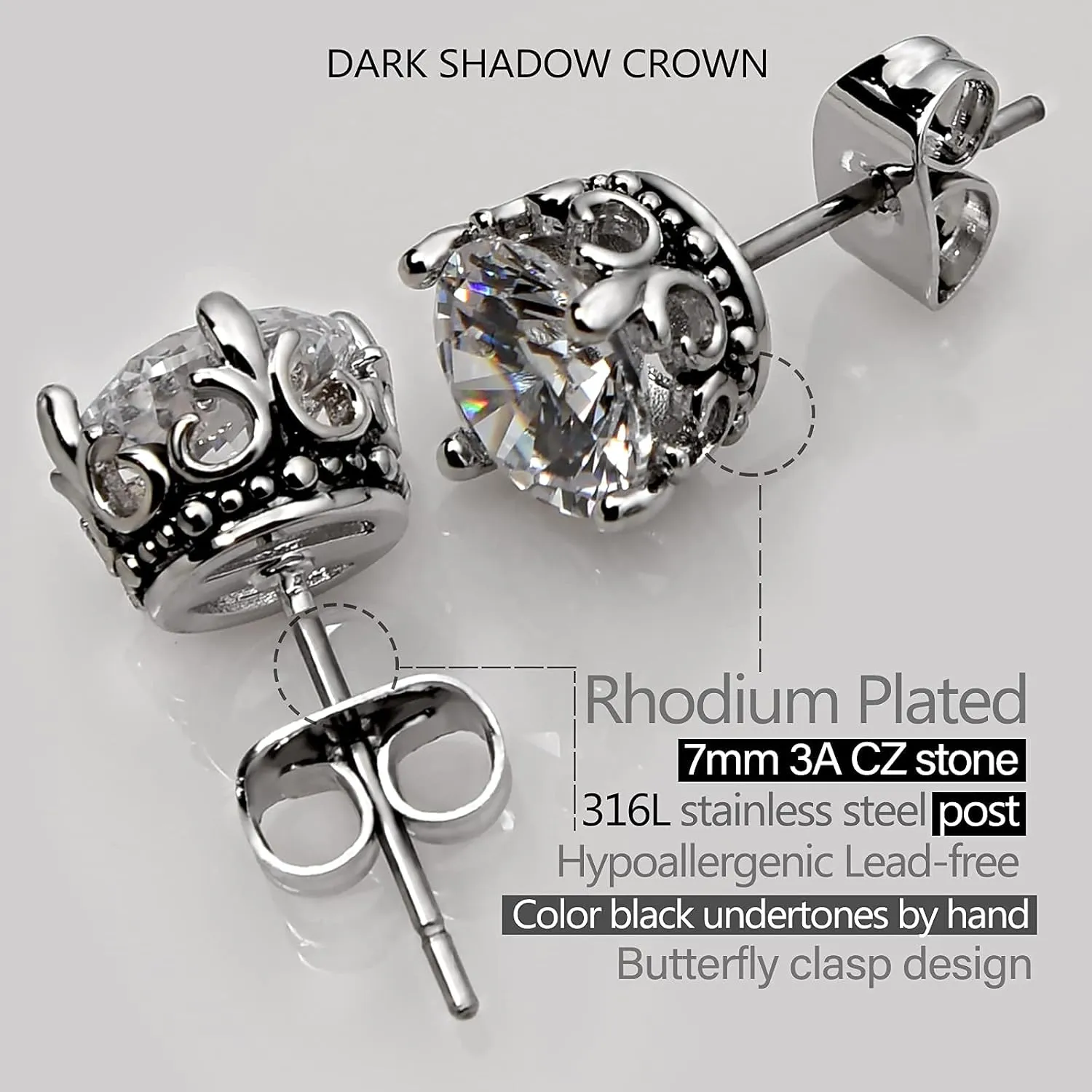 Retro Dark Shadow Stud Earrings, Hypoallergenic Stainless Steel Cubic Zirconia Earrings
