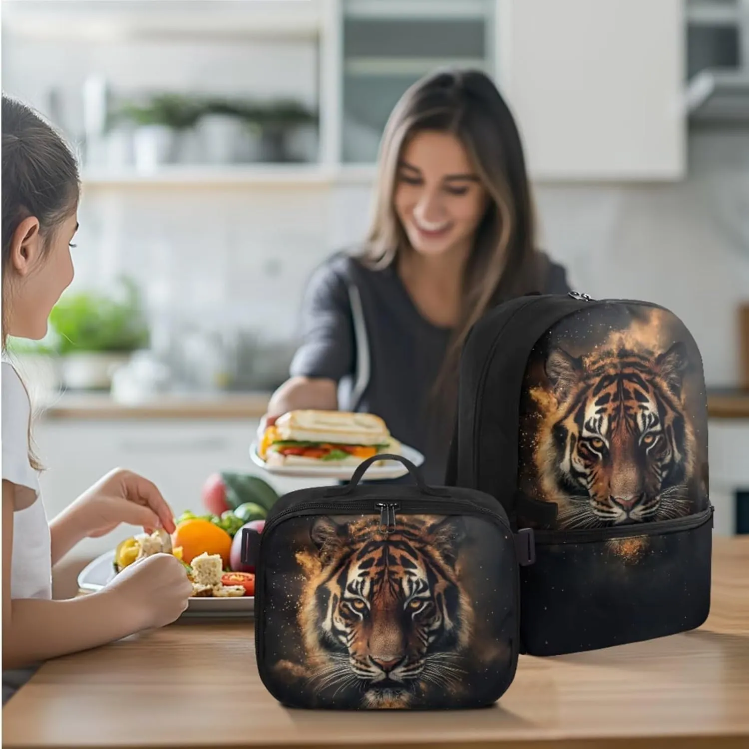 Rnyleeg Tiger Backpack for School with Lunch Box Cool Boys Backpack 10-12 Years Old 17 inch Large Capacity Primary School Bag Set 3 Pcs Travel Bookbag Casual Packsack