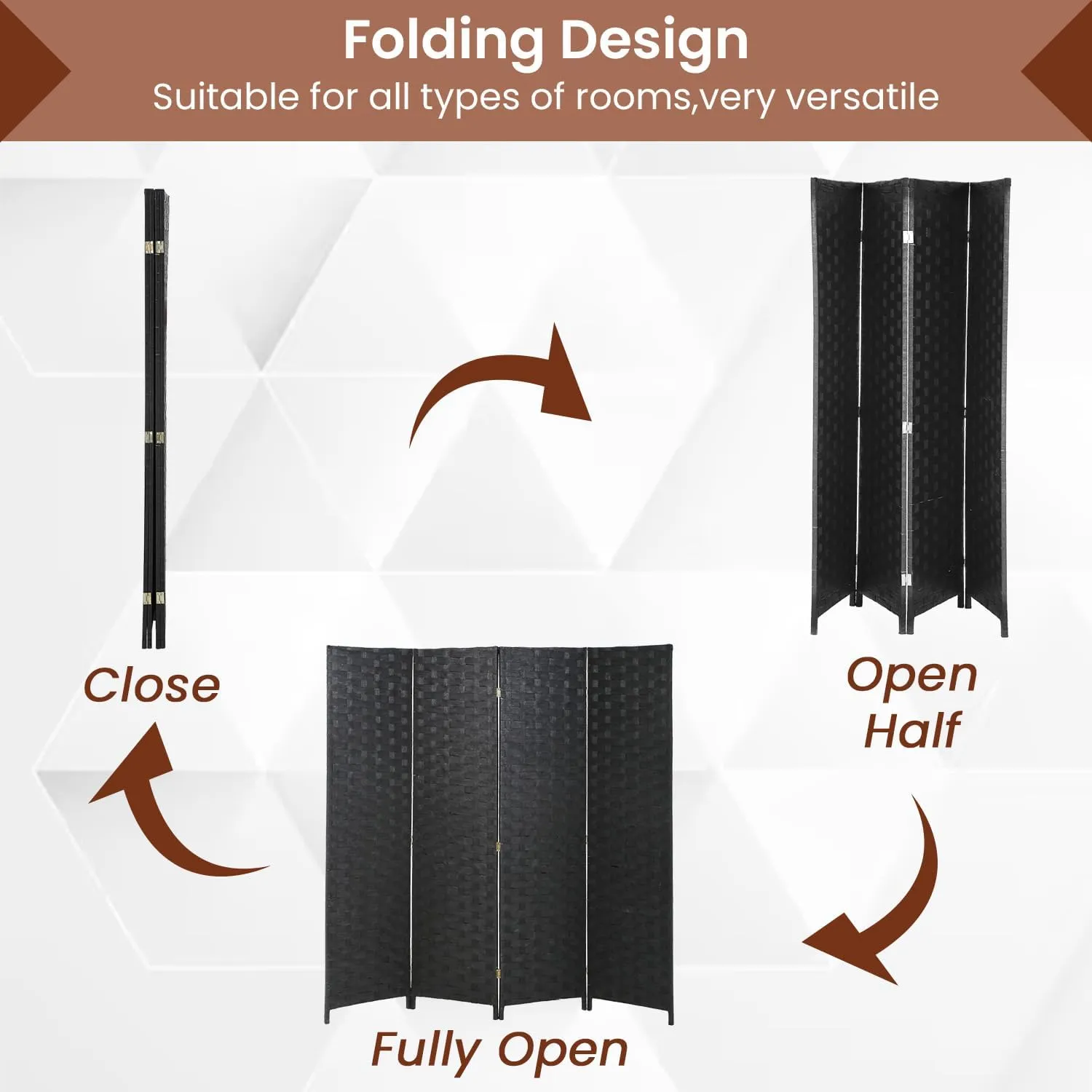 Room Divider Wall Divider 6FT 4 Panels Wood Mesh Hand-Woven Indoor Room Screen Folding Portable Partition Screen, Black