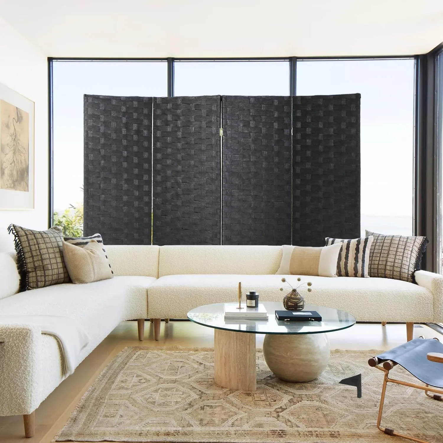 Room Divider Wall Divider 6FT 4 Panels Wood Mesh Hand-Woven Indoor Room Screen Folding Portable Partition Screen, Black