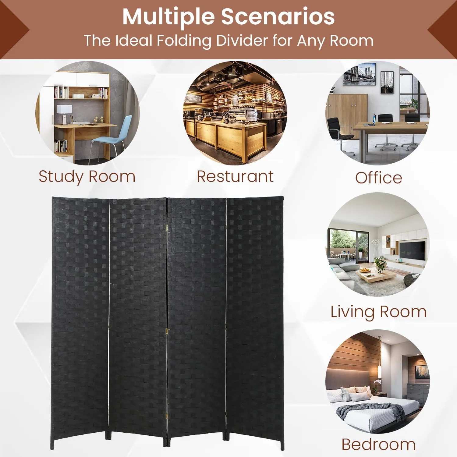 Room Divider Wall Divider 6FT 4 Panels Wood Mesh Hand-Woven Indoor Room Screen Folding Portable Partition Screen, Black