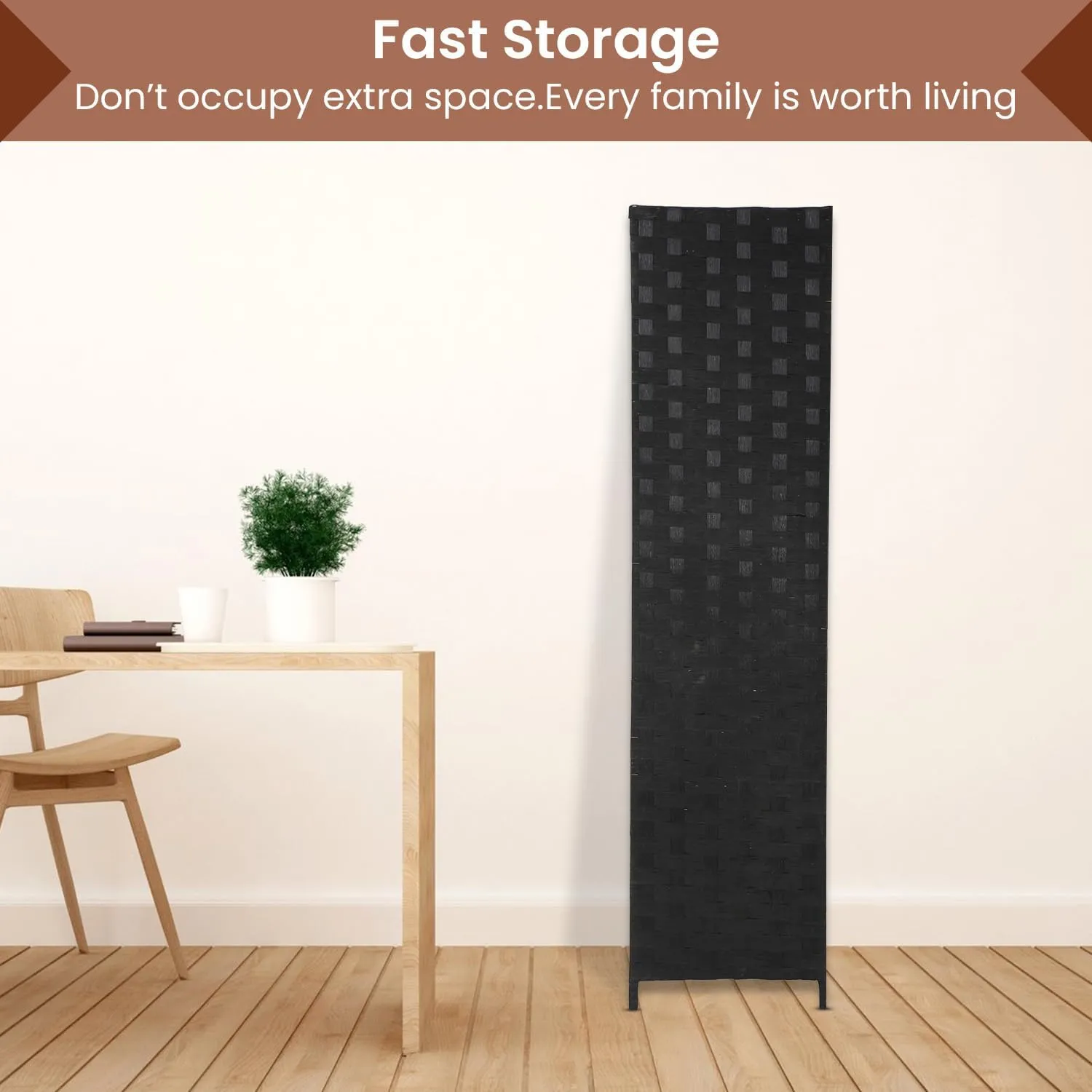 Room Divider Wall Divider 6FT 4 Panels Wood Mesh Hand-Woven Indoor Room Screen Folding Portable Partition Screen, Black