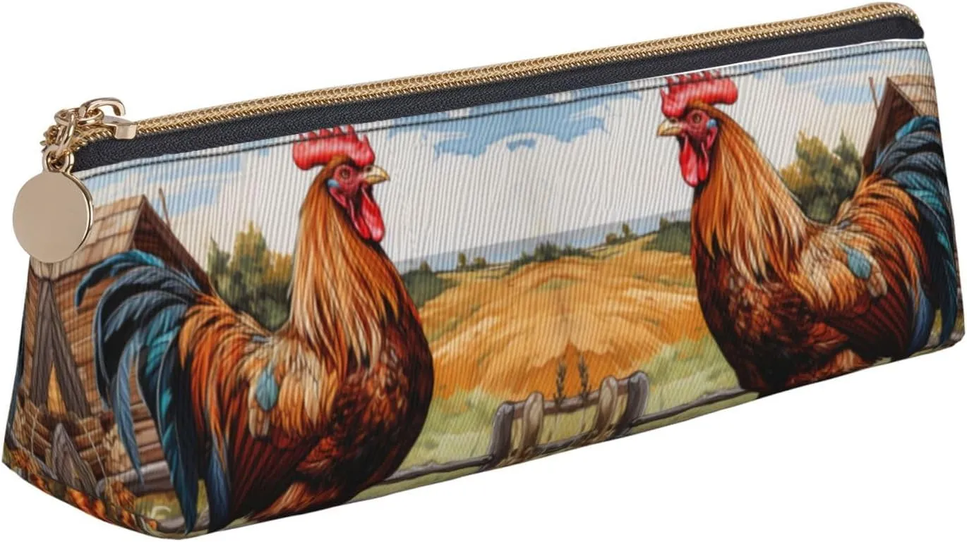 Rooster on Wood in Farmland Triangle Leather Case Multi Functional Cosmetic Bag Portable Makeup and Stationery Storage Bag ﻿