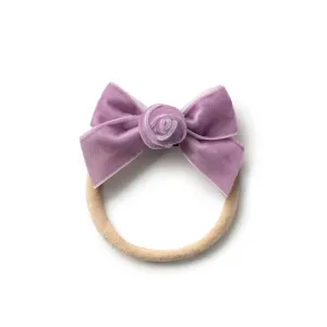 Rosette Velvet Baby Band - Lavender | Soft Plush Velvet Headband w/ Delicate Rosette Detail | Comfortable Elasticated Fit for Special Occasions & Everyday Wear | Elegant Accessory for Your Little One