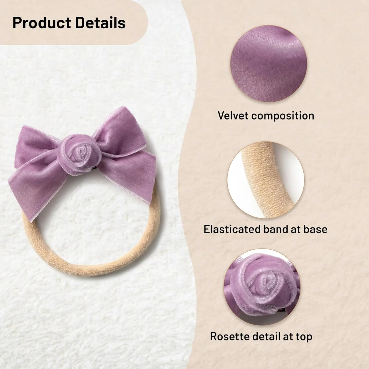 Rosette Velvet Baby Band - Lavender | Soft Plush Velvet Headband w/ Delicate Rosette Detail | Comfortable Elasticated Fit for Special Occasions & Everyday Wear | Elegant Accessory for Your Little One