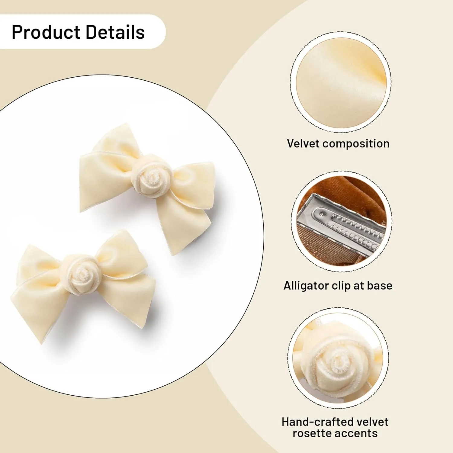Rosette Velvet Double Clip Set - Cream | Elegant Velvet Hair Clips with Hand-Crafted Rosette Accents | Secure Alligator Clips for Timeless Style | Perfect for Special Occasions & Everyday Wear
