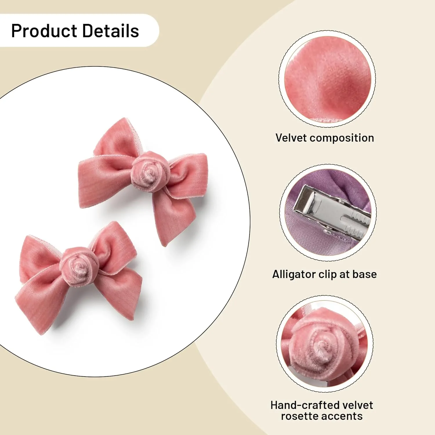 Rosette Velvet Double Clip Set - Mauve | Elegant Velvet Hair Clips with Hand-Crafted Rosette Accents | Secure Alligator Clips for Timeless Style | Perfect for Special Occasions & Everyday Wear