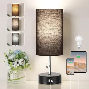 ROTTOGOON 3-Color Temperature Bedside Lamp Nightstand Lamp with USB A Port and C Port, Table Lamp for Bedroom with LED Bulb Small Lamps for Living Room (Black)