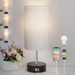 ROTTOGOON 3-Color Temperature Bedside Lamp Nightstand Lamp with USB A Port and C Port, Table Lamp for Bedroom with LED Bulb Small Lamps for Living Room (Otmeal)