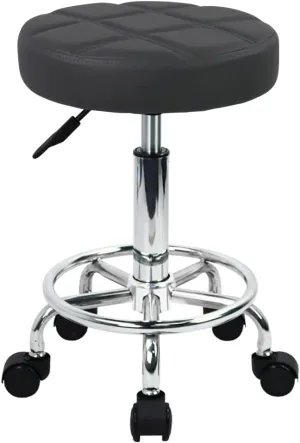 Round Rolling Stool with Footrest PU Leather Height Adjustable 360° Swivel Stool with Wheels Office Stool Chair Home Drafting Work Studio Shop SPA Salon Small (Grey)