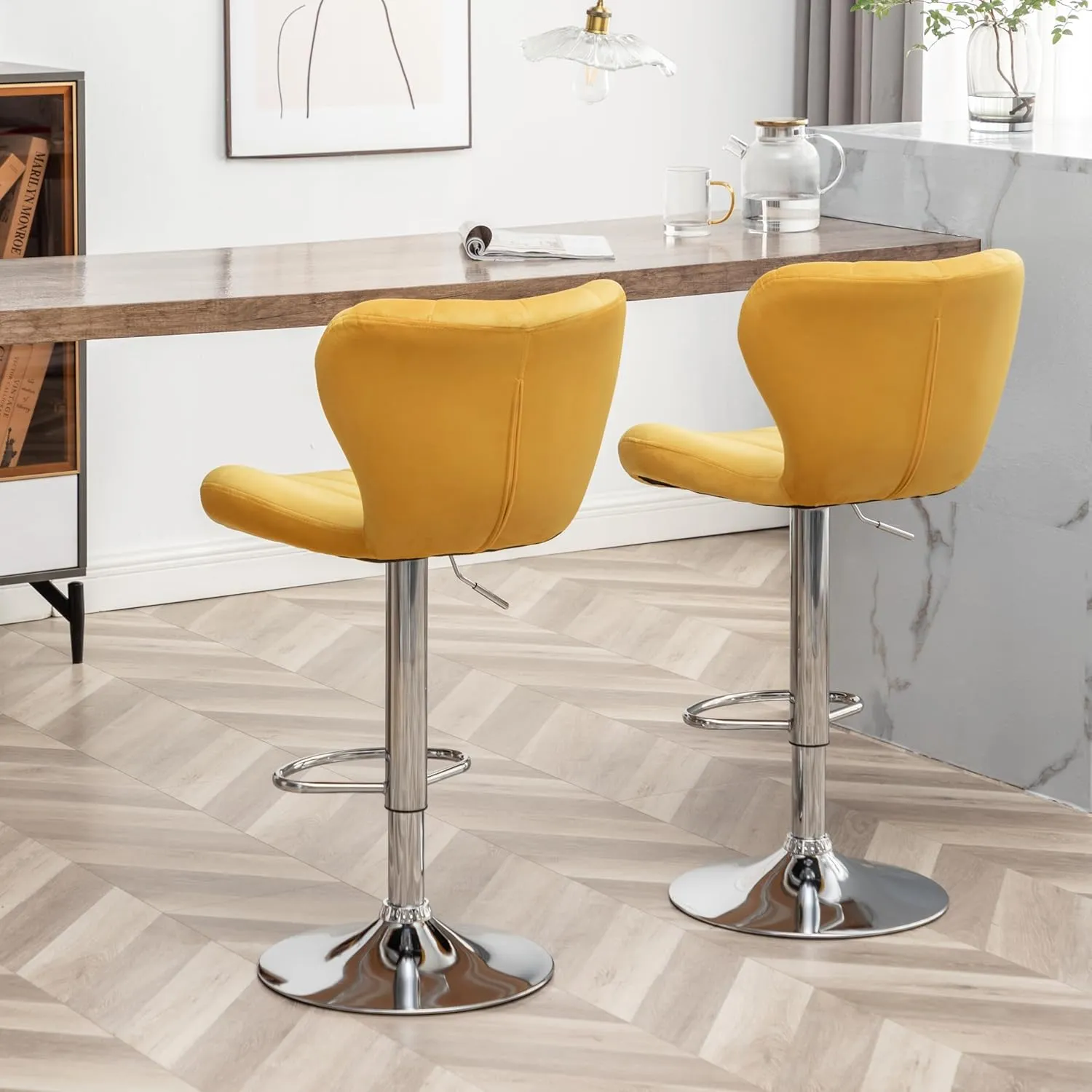 Roundhill Furniture Ellston Velvet Adjustable Swivel Barstools in Yellow, Set of 2
