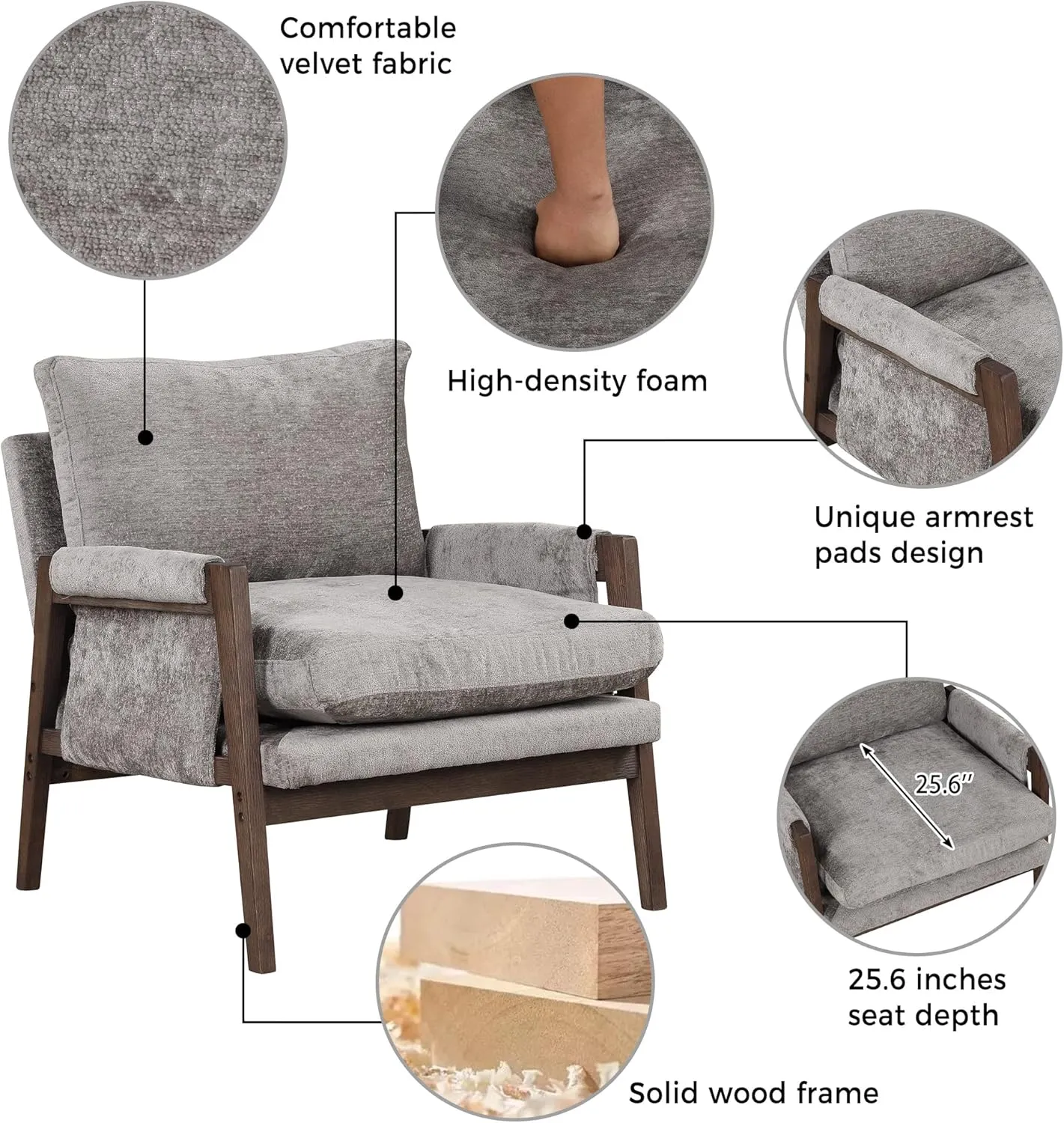 Roundhill Furniture Kelly Mid-Century Modern Velvet Accent Armchair, Gray