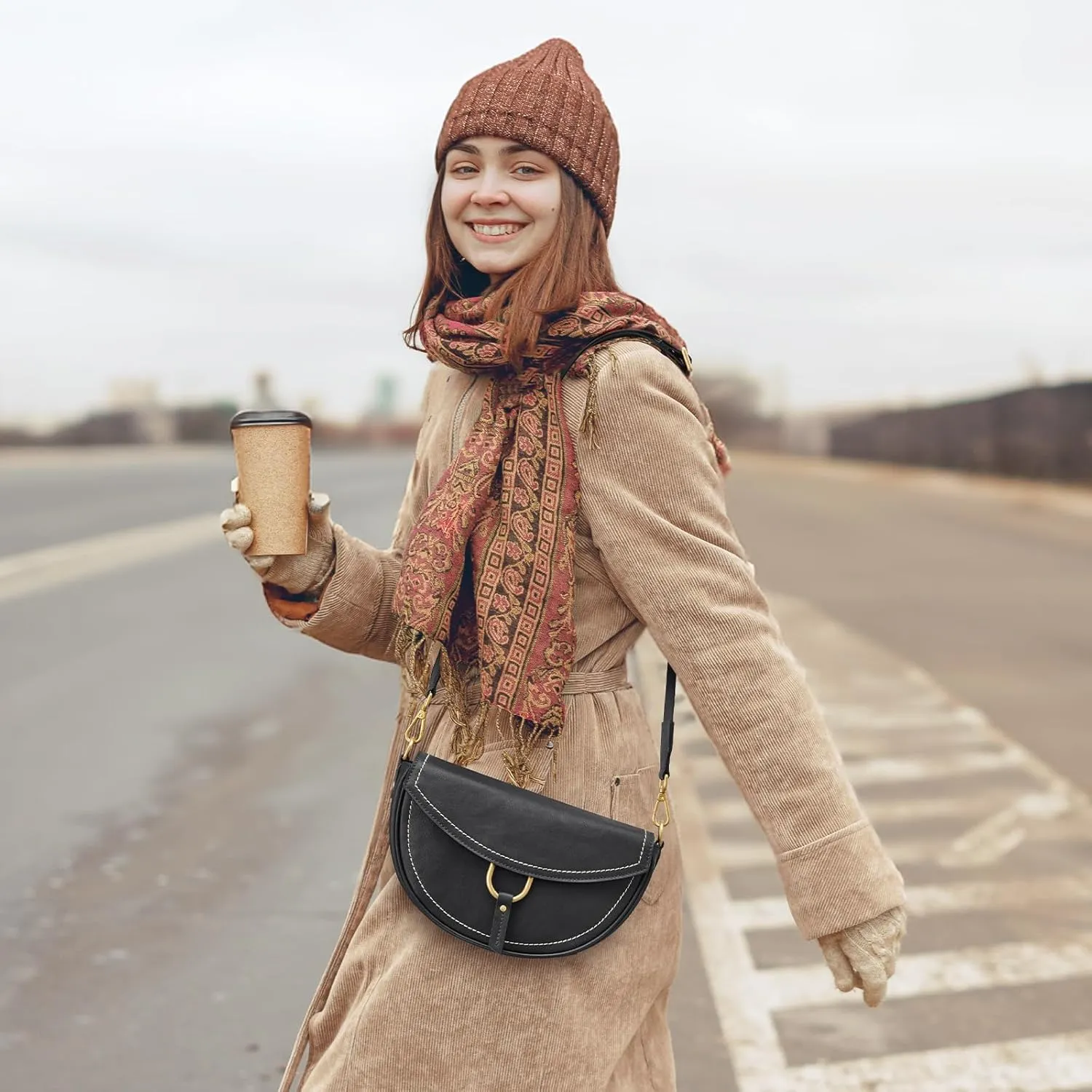 S-ZONE Crossbody Bags for Women Top Grain Leather Shoulder Bag Small Cross Body Purse with Adjustable Wide Strap