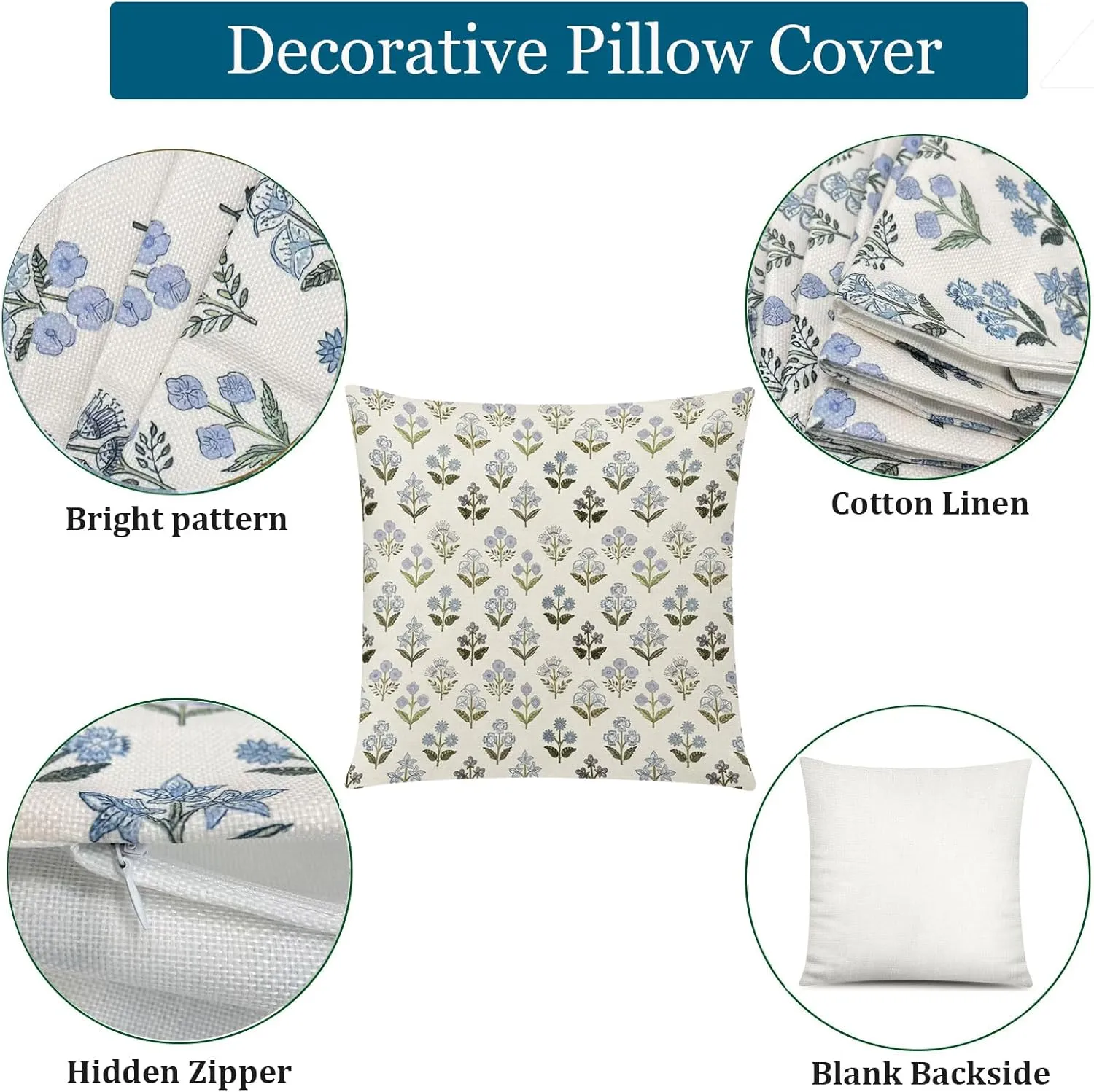 Sage Green Blue Floral Pillow Cover 18x18 Set of 6 Minimalist Modern Throw Pillow Covers Square Cushion Covers for Couch Sofa Living Room Home Decor