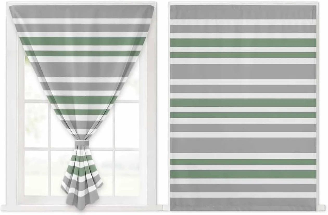 Sage Green Grey Striped Self Adhesive Blackout Curtains with Tiebacks,Portable Rod Pocket Living Room Darkening Curtains,Horizontal Lines Simple Minimalist Thermal Insulated Windows Cover,59Wx72H
