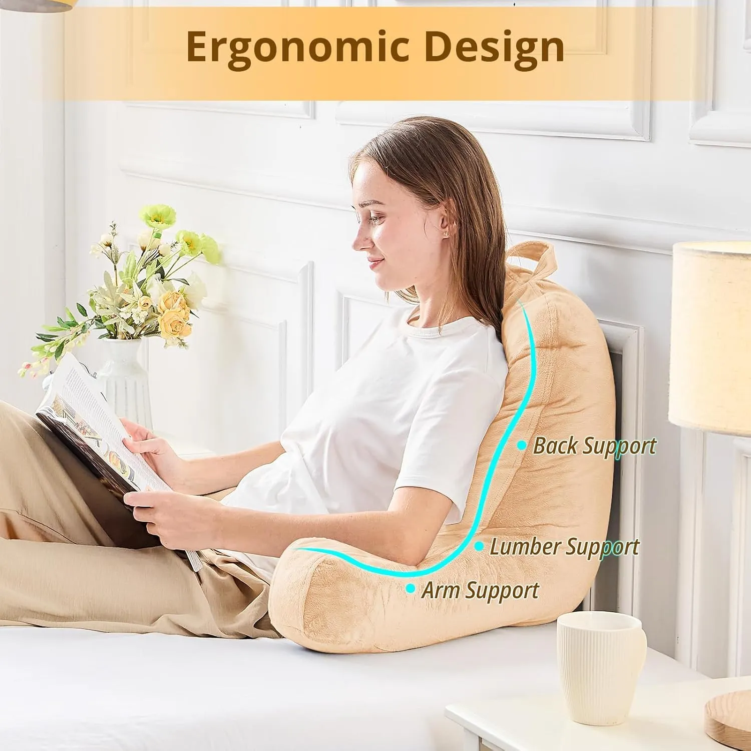 Sasttie Reading Pillow, Velvet Back Pillow for Bed Sitting Up, Adult Back-Rest Support Cushion with Arms for Sit Up on Couch, Sofa, and Floor, Dorm Essentials, Reading Accessories, Camel
