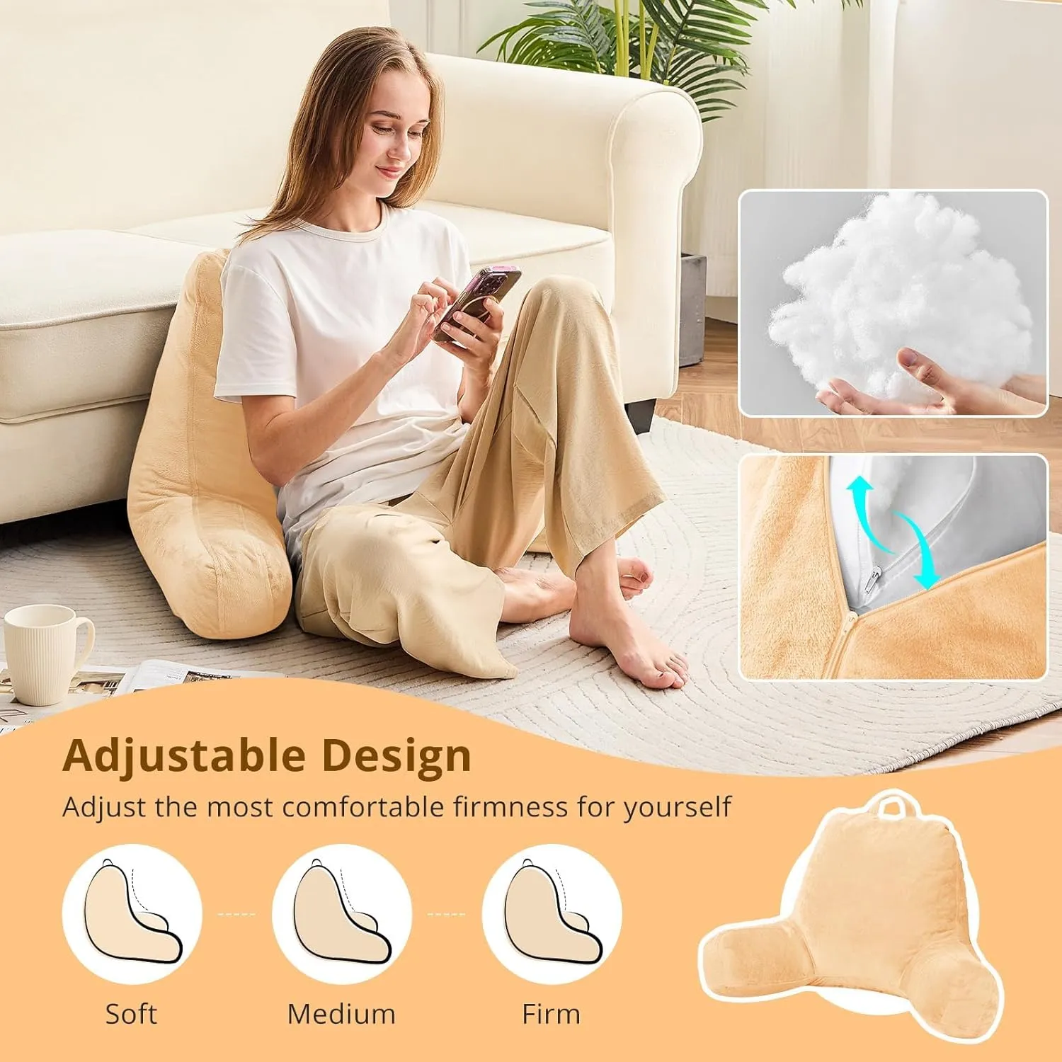 Sasttie Reading Pillow, Velvet Back Pillow for Bed Sitting Up, Adult Back-Rest Support Cushion with Arms for Sit Up on Couch, Sofa, and Floor, Dorm Essentials, Reading Accessories, Camel