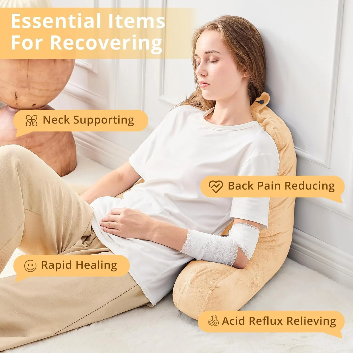 Sasttie Reading Pillow, Velvet Back Pillow for Bed Sitting Up, Adult Back-Rest Support Cushion with Arms for Sit Up on Couch, Sofa, and Floor, Dorm Essentials, Reading Accessories, Camel