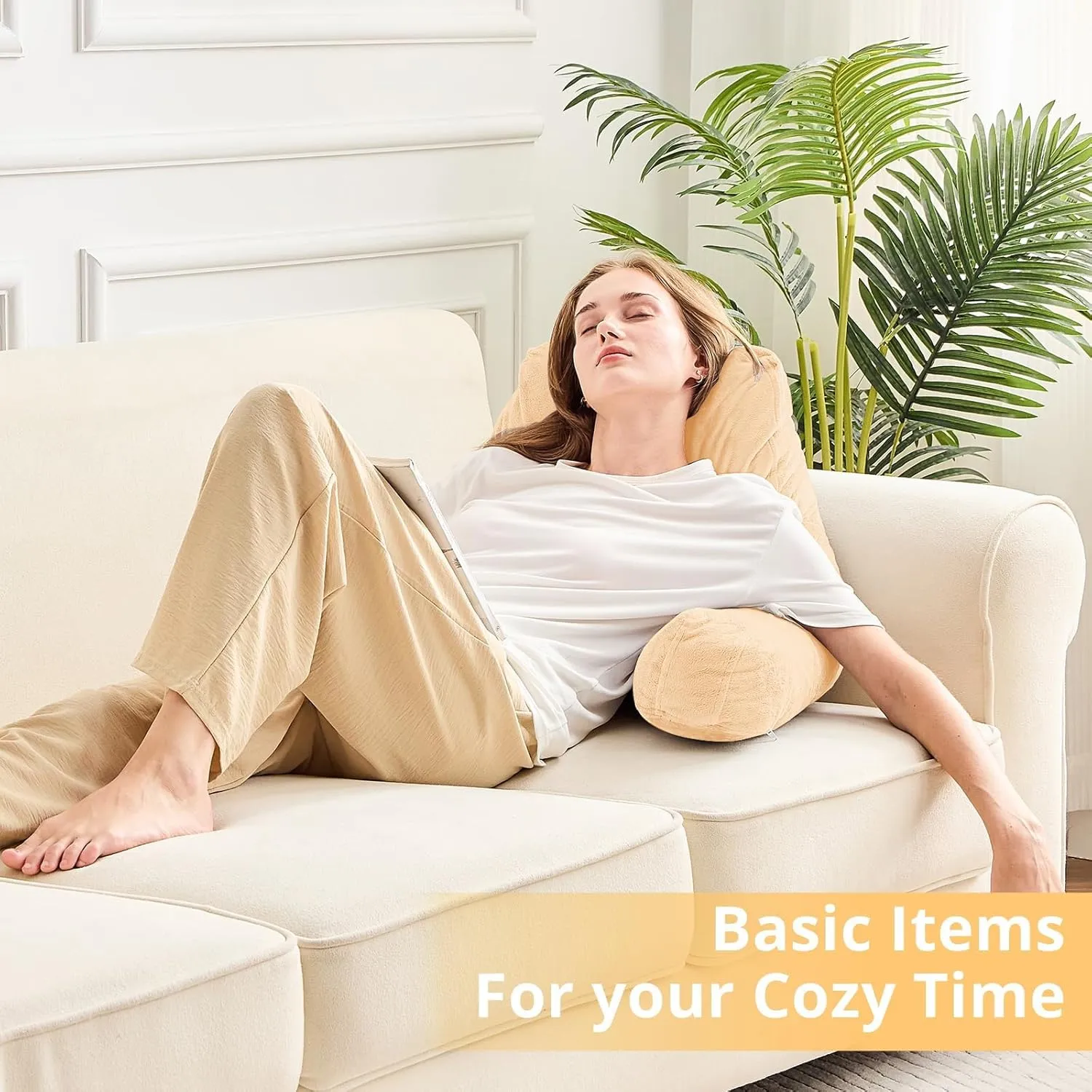 Sasttie Reading Pillow, Velvet Back Pillow for Bed Sitting Up, Adult Back-Rest Support Cushion with Arms for Sit Up on Couch, Sofa, and Floor, Dorm Essentials, Reading Accessories, Camel