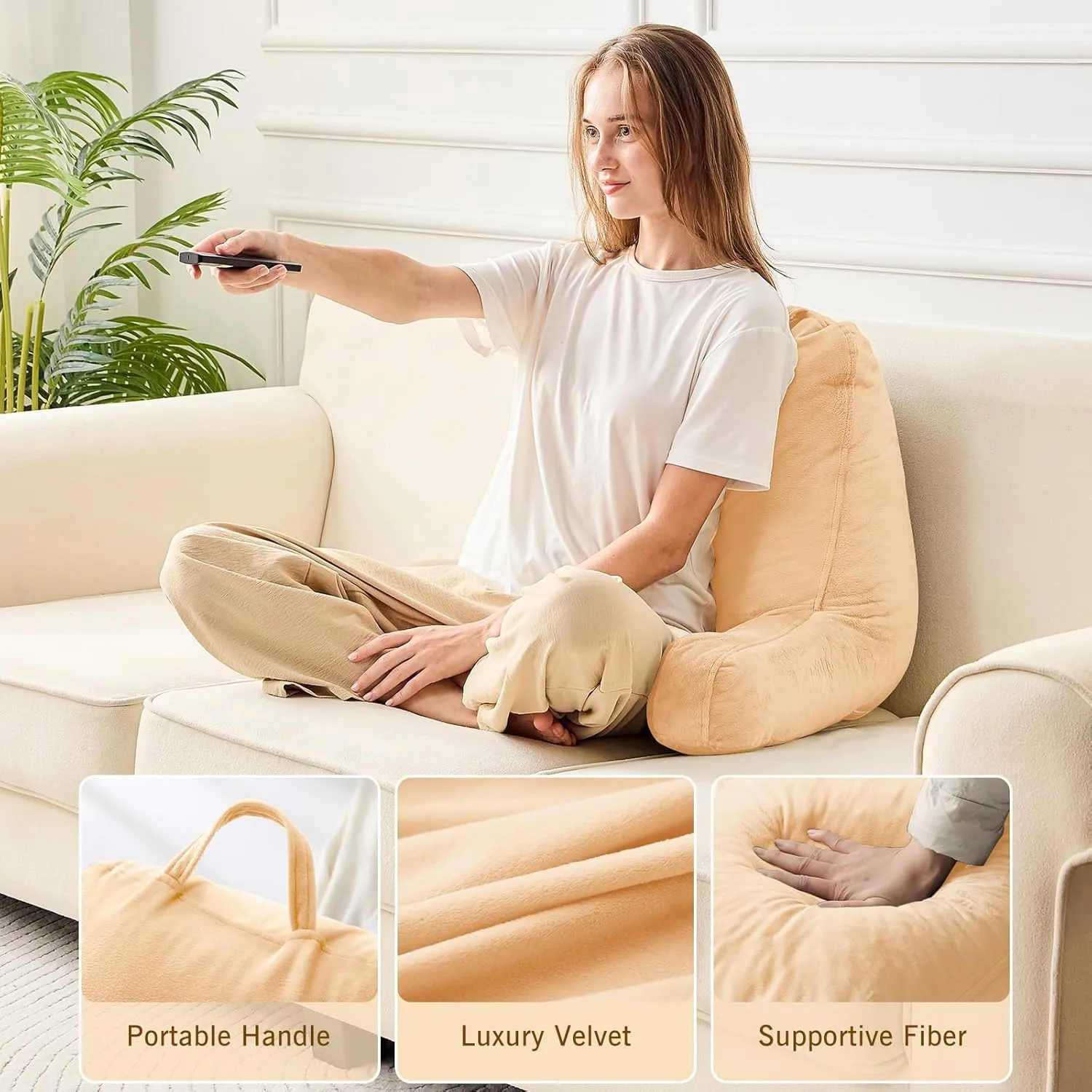 Sasttie Reading Pillow, Velvet Back Pillow for Bed Sitting Up, Adult Back-Rest Support Cushion with Arms for Sit Up on Couch, Sofa, and Floor, Dorm Essentials, Reading Accessories, Camel