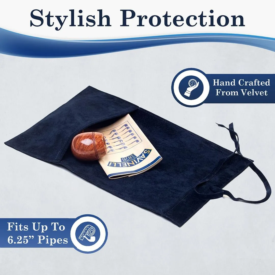 Savinelli Velvet Tobacco Pipe Pouch - Soft Case Roll Bag For Safe Storage & Travel, Fits Single Wood Pipes up to 6.25" (Blue)