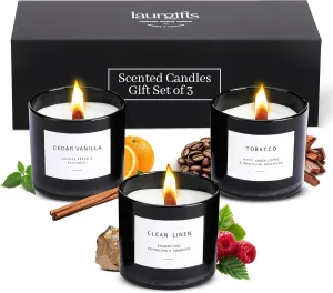 Scented Candles Set of 3 – Candle Box with Masculine Aromas of Tobacco, Cedar Vanilla & Clean Linen - Aromatic Collection for Home, Office & Special Occasions - Indoor Scent - Gifts for Men