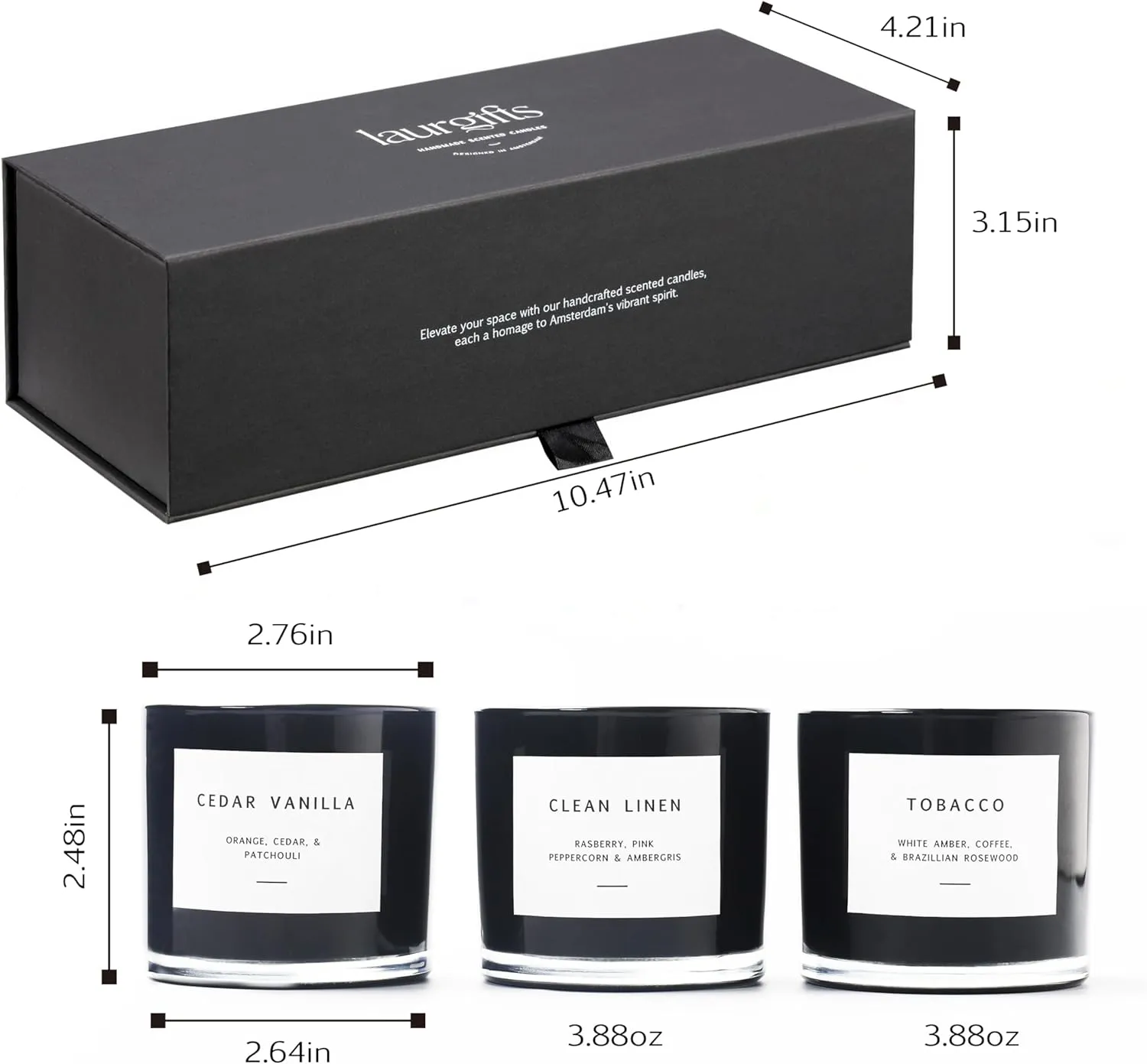 Scented Candles Set of 3 – Candle Box with Masculine Aromas of Tobacco, Cedar Vanilla & Clean Linen - Aromatic Collection for Home, Office & Special Occasions - Indoor Scent - Gifts for Men