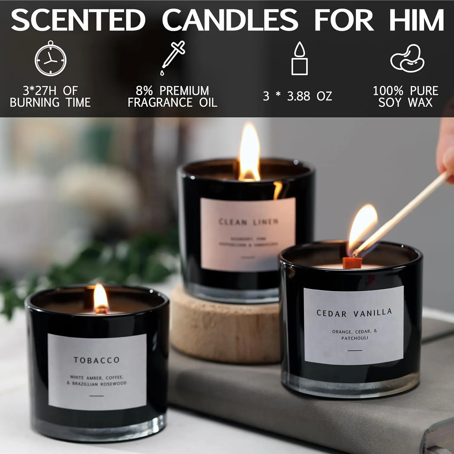Scented Candles Set of 3 – Candle Box with Masculine Aromas of Tobacco, Cedar Vanilla & Clean Linen - Aromatic Collection for Home, Office & Special Occasions - Indoor Scent - Gifts for Men