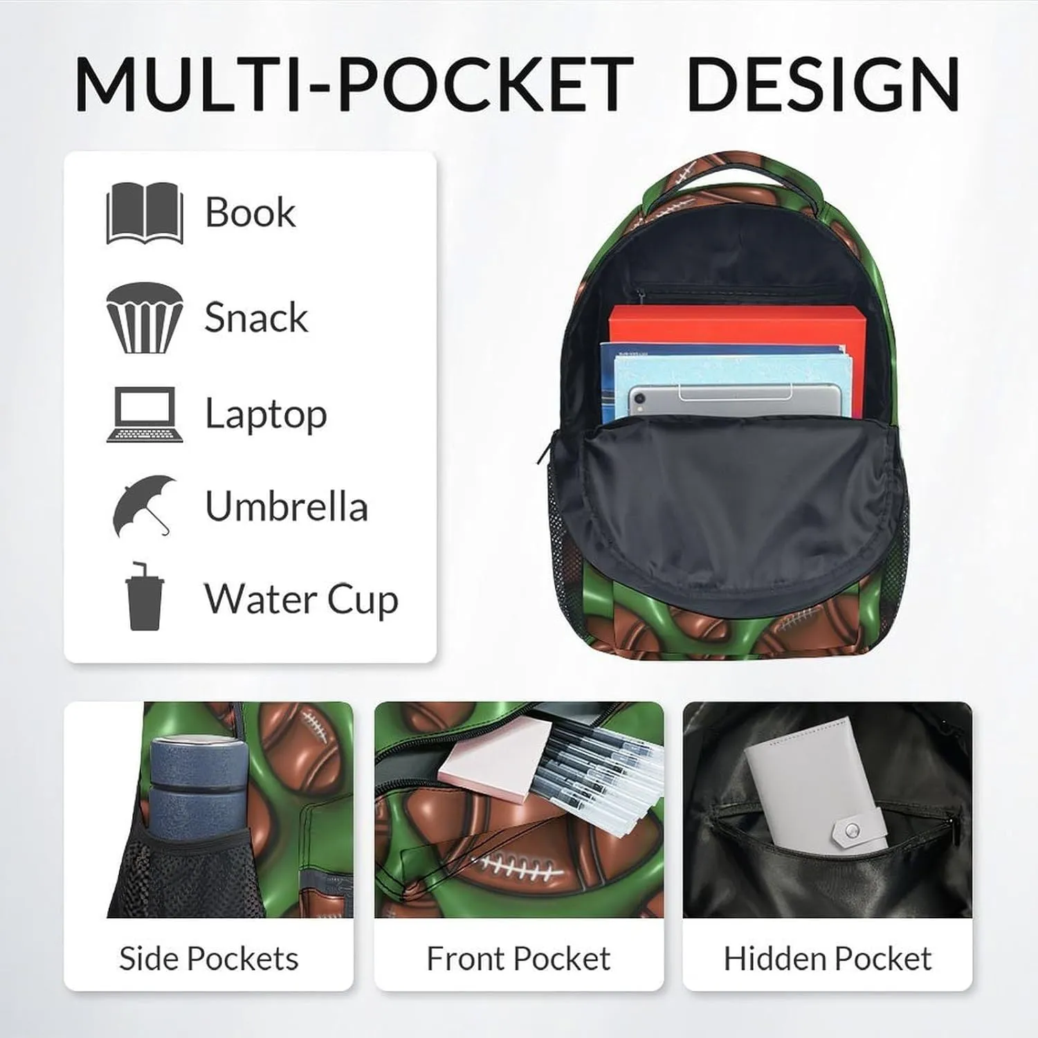 School Backpack for Boys - 2D Football Bookbag - Lightweight Durable Large Capacity - 17 Inch Green Kid Backpack for School, Travel and Camp