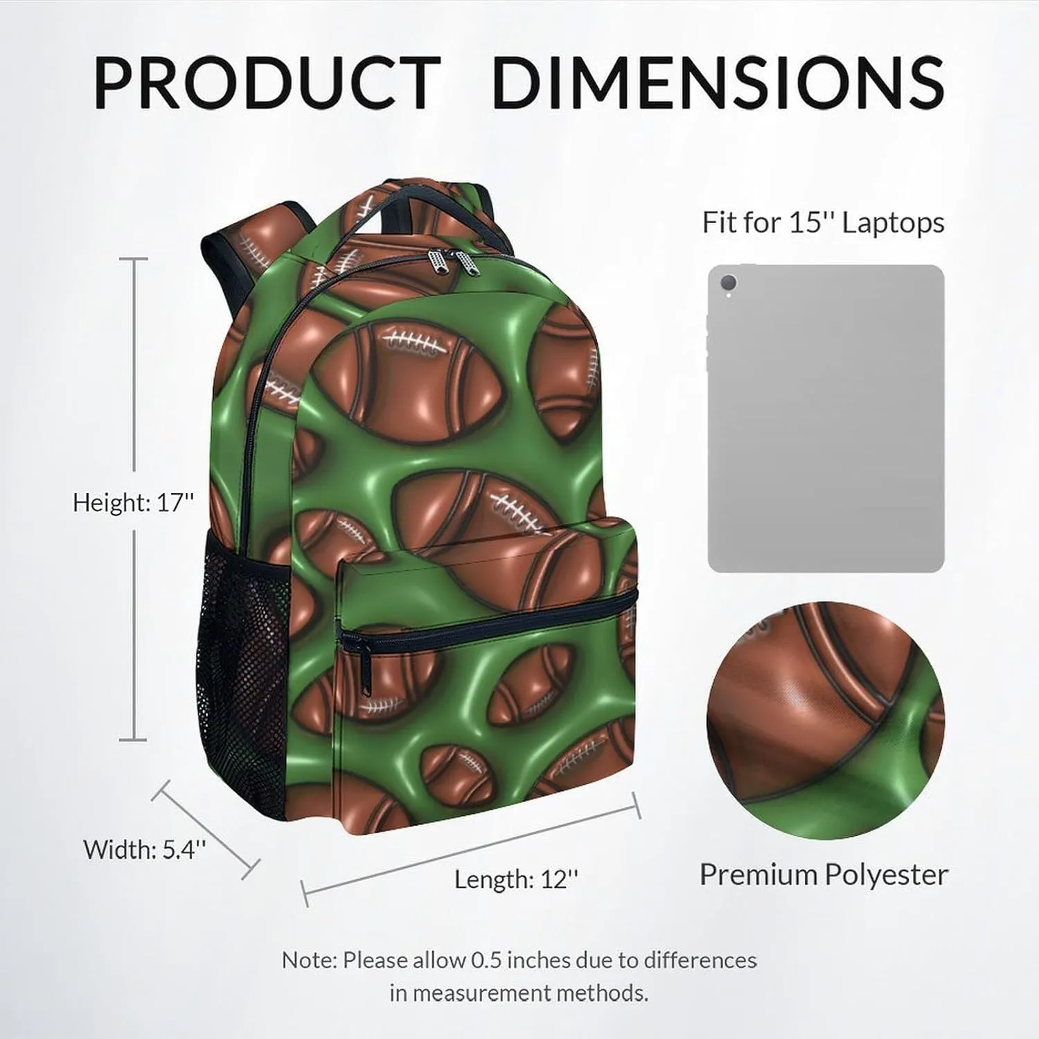 School Backpack for Boys - 2D Football Bookbag - Lightweight Durable Large Capacity - 17 Inch Green Kid Backpack for School, Travel and Camp