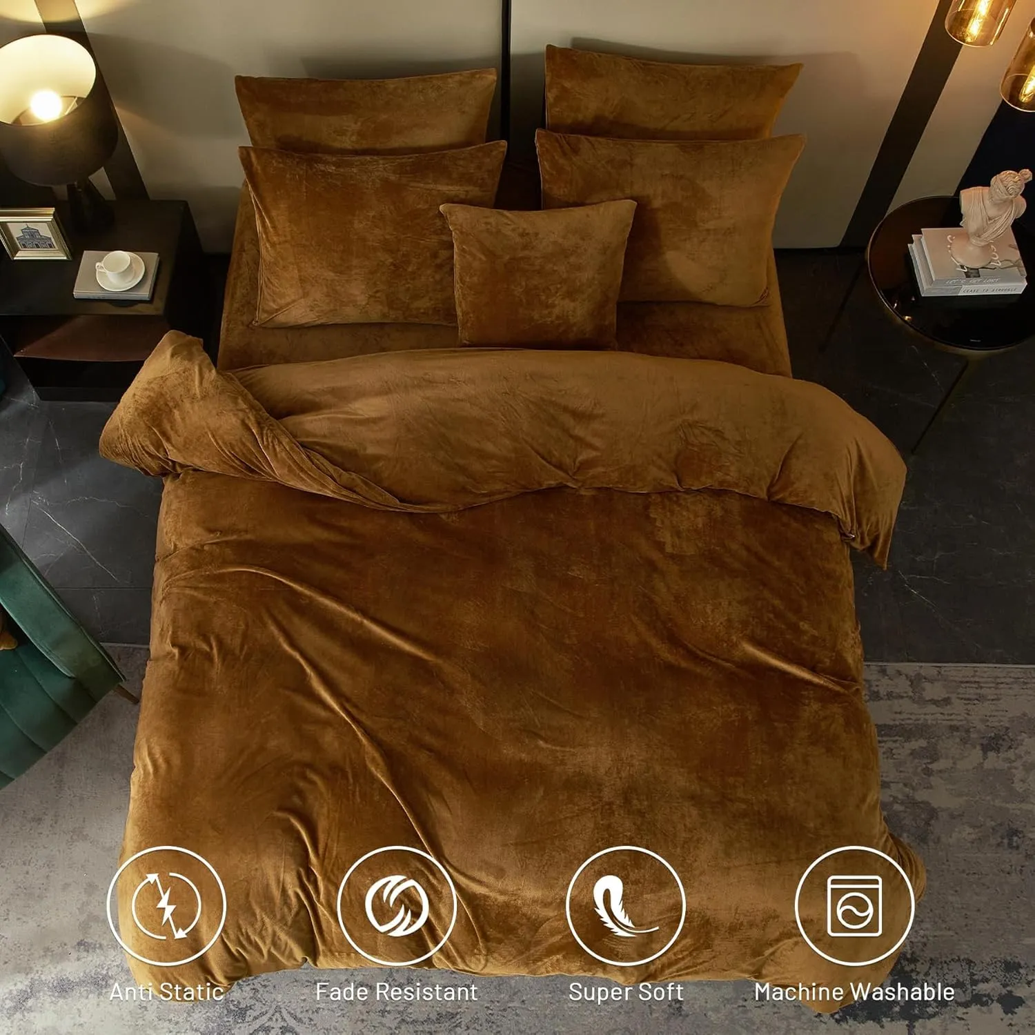 SE SOFTEXLY Velvet Duvet Cover Queen Size, Soft Flannel Duvet Cover with Zipper Solid Breathable Silky Velour Comforter Cover, Cozy Winter Duvet Cover Set with 2 Pillowcases, 90" x 90", Dark Khaki