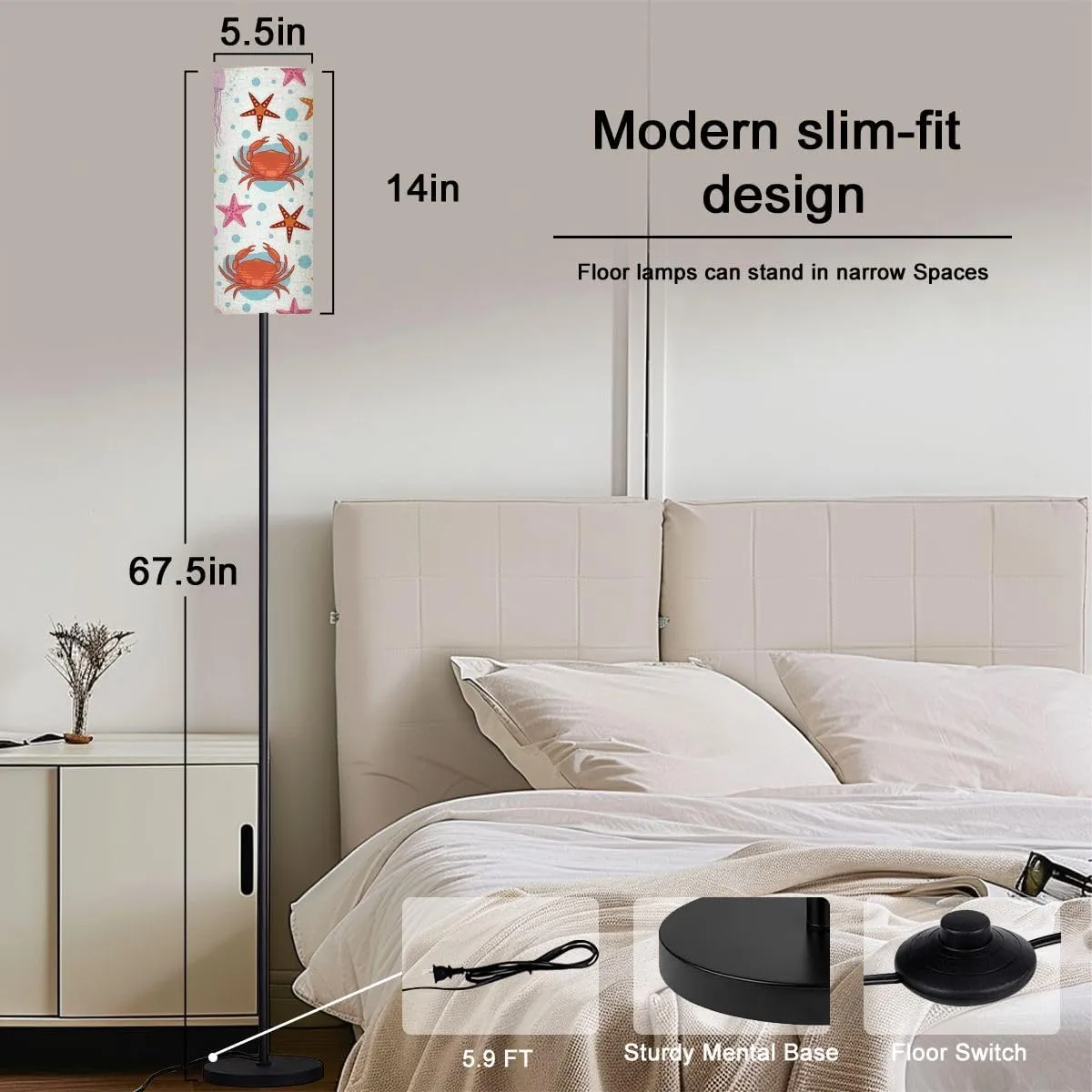 Sea Animals White Seamless Crab Jellyfish seastars White Modern Floor Lamp Minimalist Standing Lamps for Living Room LED Corner Lamp Remote Control Metal Pole Lamp for Bedroom, Reading
