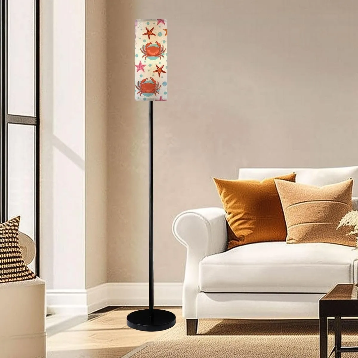 Sea Animals White Seamless Crab Jellyfish seastars White Modern Floor Lamp Minimalist Standing Lamps for Living Room LED Corner Lamp Remote Control Metal Pole Lamp for Bedroom, Reading
