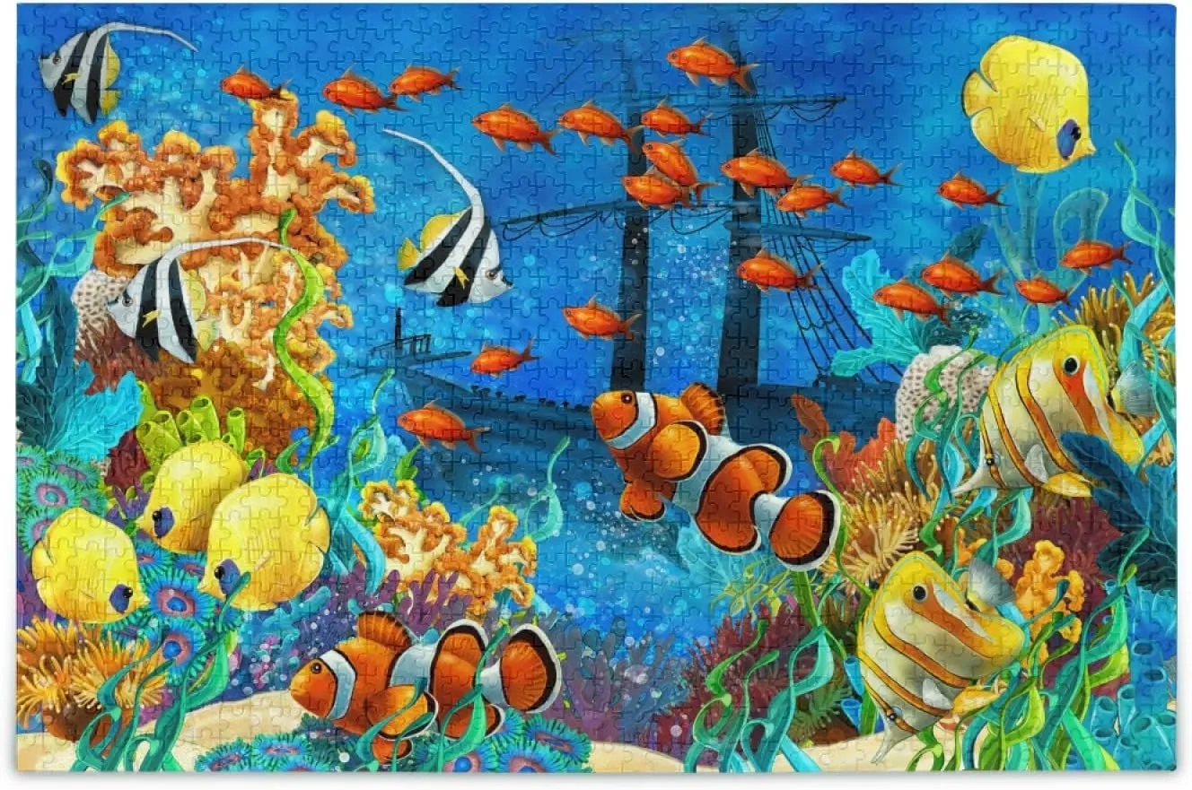 Seafloor Tropical Fishs Jigsaw Puzzle 500 Pieces Clownfishs Sunken Ship DIY Wall Art Intellectual Decompressing Fun Game for Adults Teens