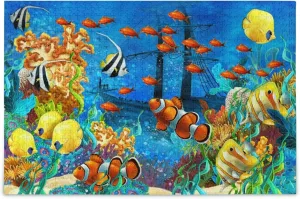 Seafloor Tropical Fishs Jigsaw Puzzle 500 Pieces Clownfishs Sunken Ship DIY Wall Art Intellectual Decompressing Fun Game for Adults Teens