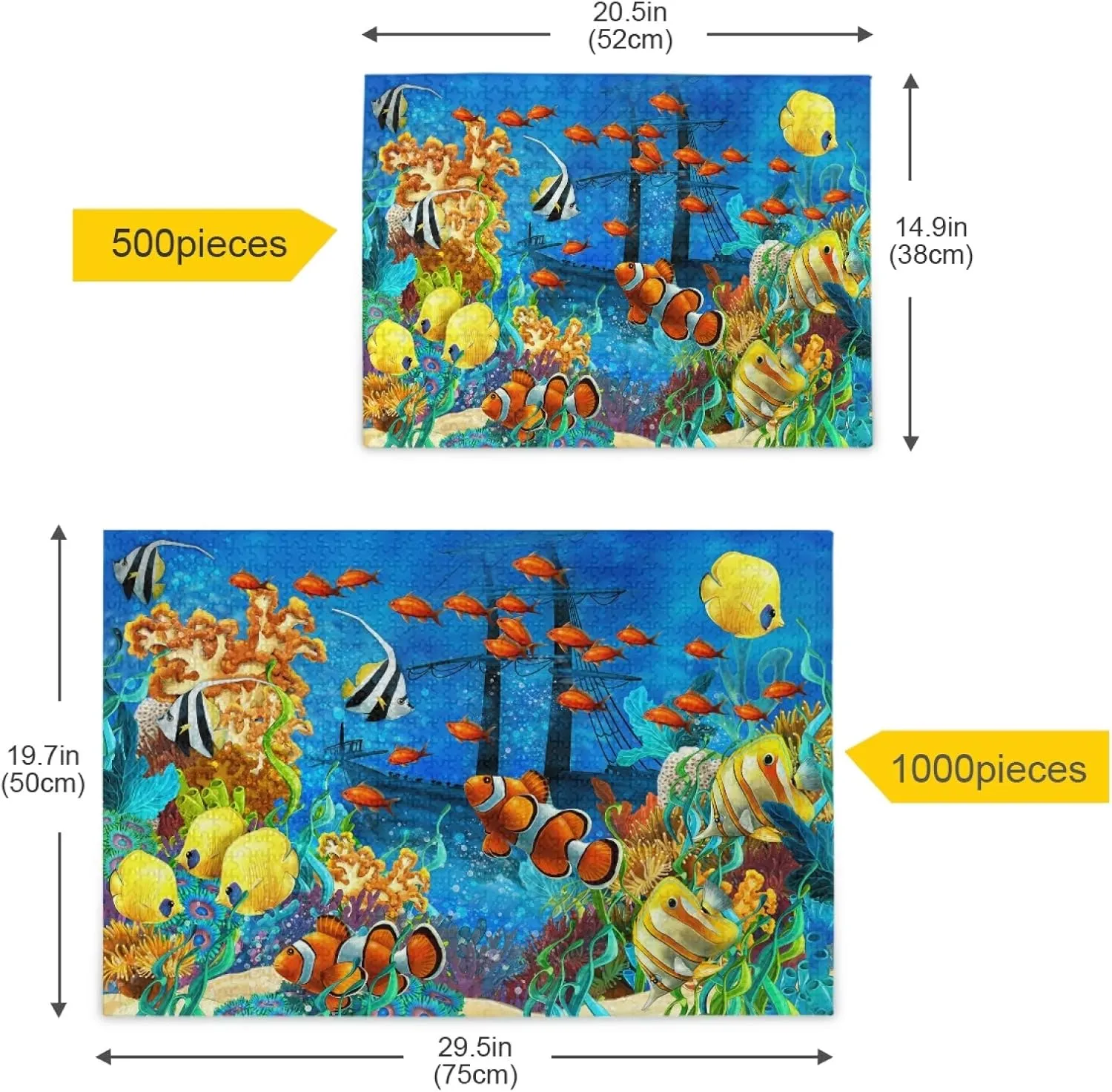 Seafloor Tropical Fishs Jigsaw Puzzle 500 Pieces Clownfishs Sunken Ship DIY Wall Art Intellectual Decompressing Fun Game for Adults Teens