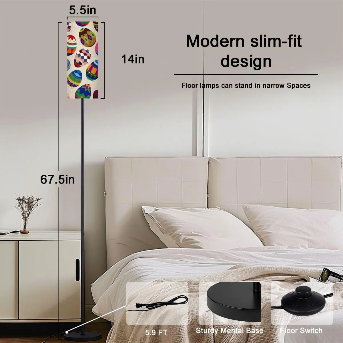 Seamless Easter Egg Pattern Modern Floor Lamp Minimalist Standing Lamps for Living Room LED Corner Lamp Remote Control Metal Pole Lamp for Bedroom, Reading