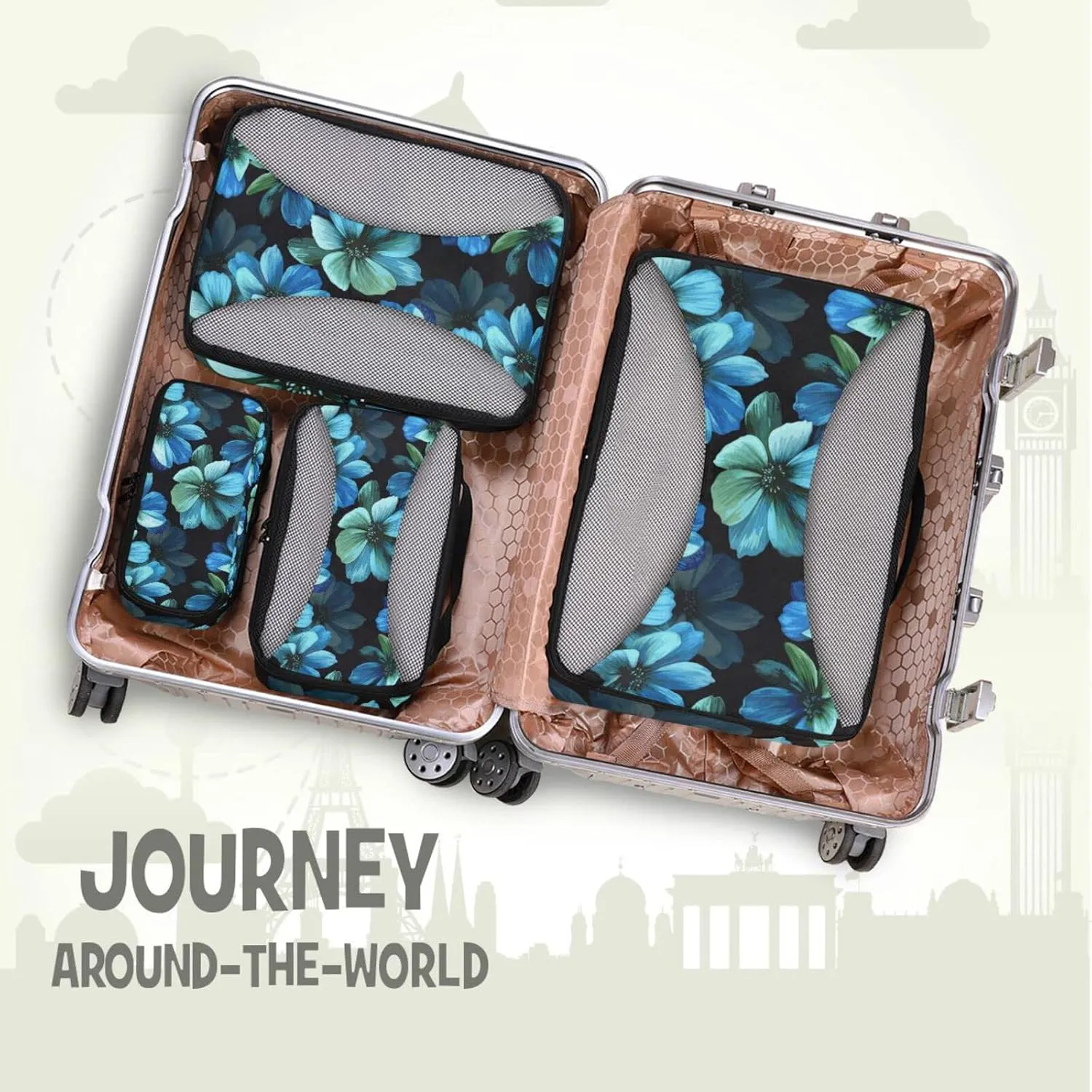 Seamless Mysterious Beautiful Blue Turquoise Flowers on Black 4 Set Packing Cubes, Travel Packing Organizers, 600D Oxford Cloth Toiletry Storage Bag, Luggage Mesh Bags for Accessories